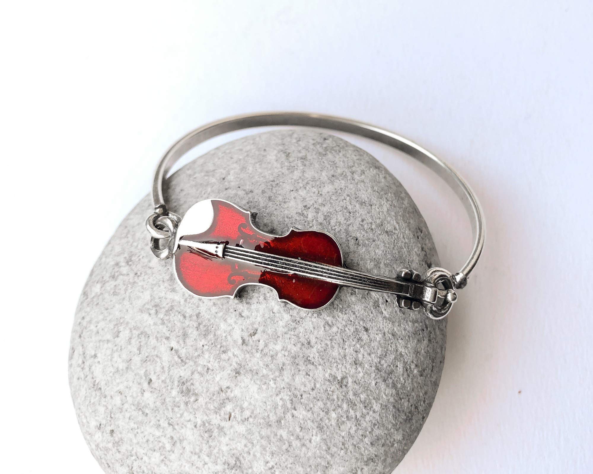 Elegant Red Glaze Silver Violin Bangle Bracelet - Perfect for Classical Music Lovers, Orchestra Performances & Special Occasions