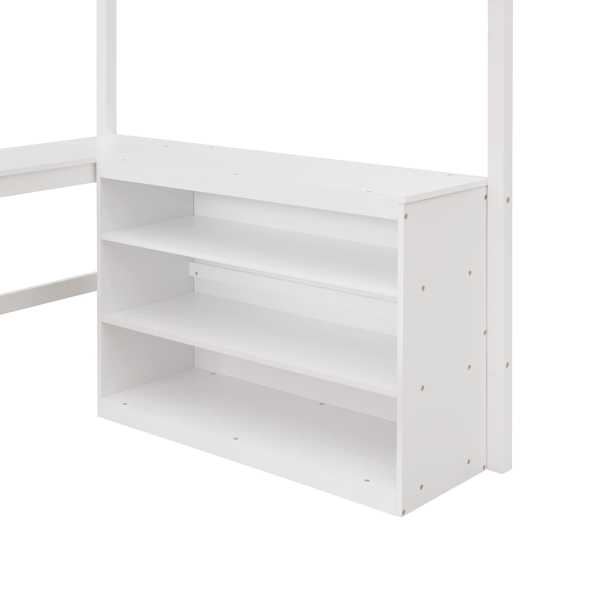 P PURLOVE Full Size Wooden Loft Bed with Long Study Desk & Shelves - Sturdy High Loft Bed for Kids & Teens - Perfect for Small Bedrooms, Dorm Rooms & Studio Apartments (Space-Saving Furniture for Study & Sleep)