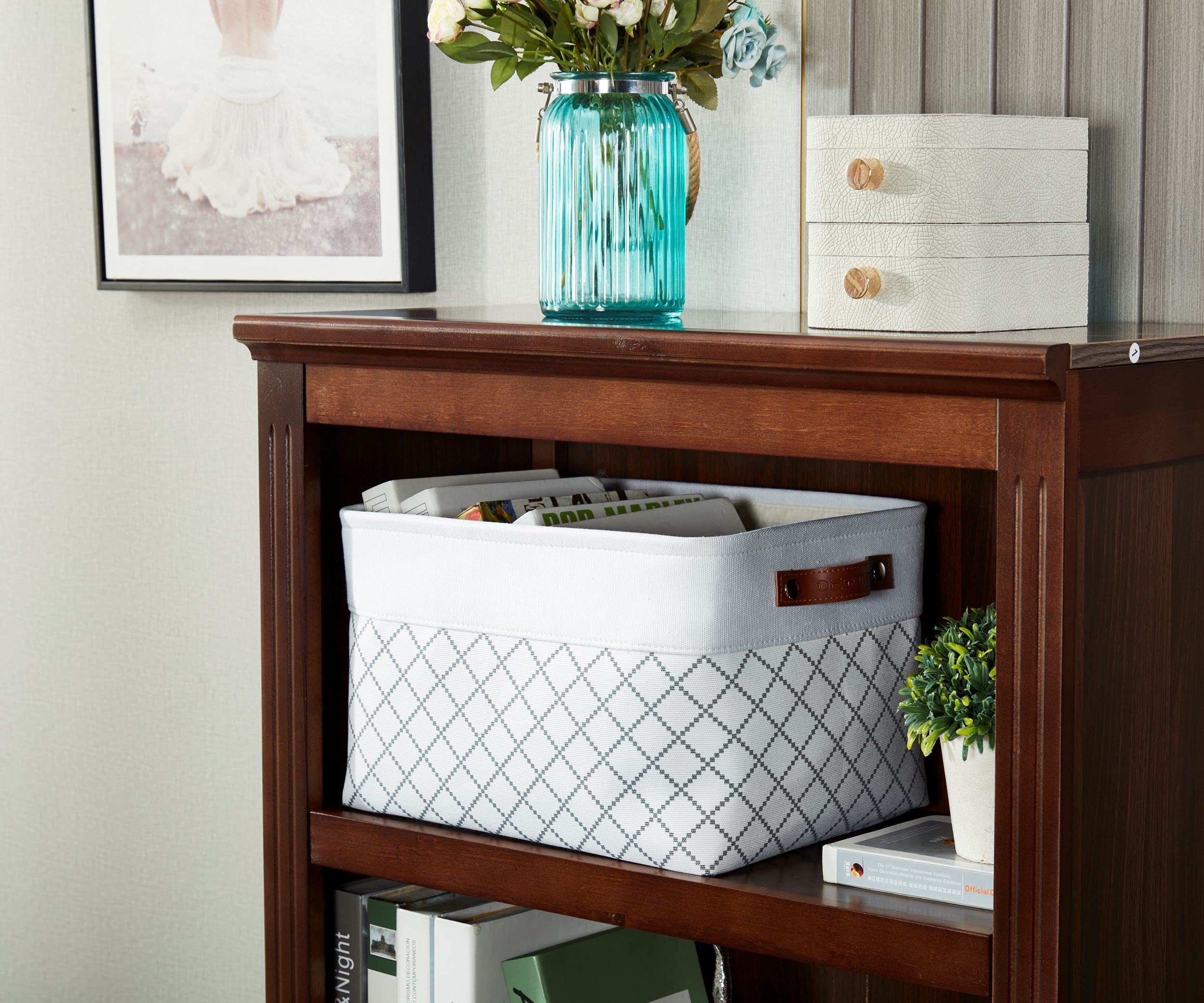 DECOMOMO White Fabric Storage Bins - Large 3-Pack Organizing Baskets for Shelves, Closet, Nursery & Toy Storage | Perfect for Home Organization, Baby Room & Playroom (White Check Pattern)