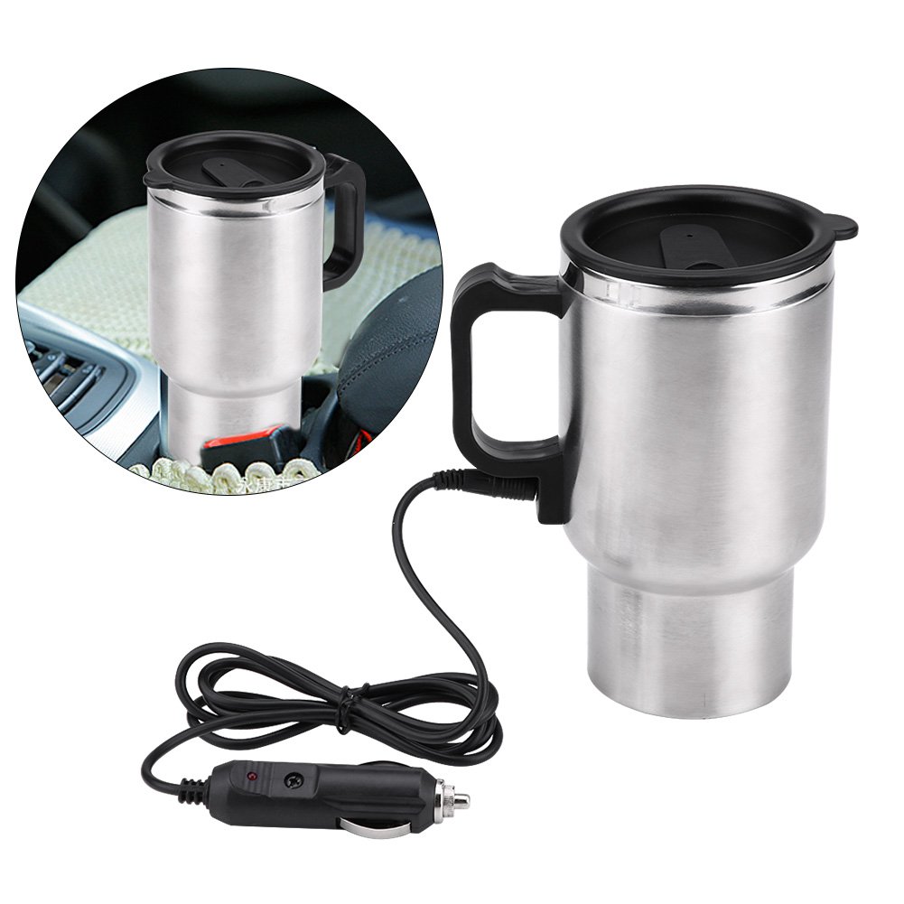 12V 450ml Stainless Steel Car Heating Cup - Electric Travel Mug with Cigarette Lighter Plug for Coffee, Tea & Milk | Portable Heated Water Kettle for Road Trips, Commuting & Camping
