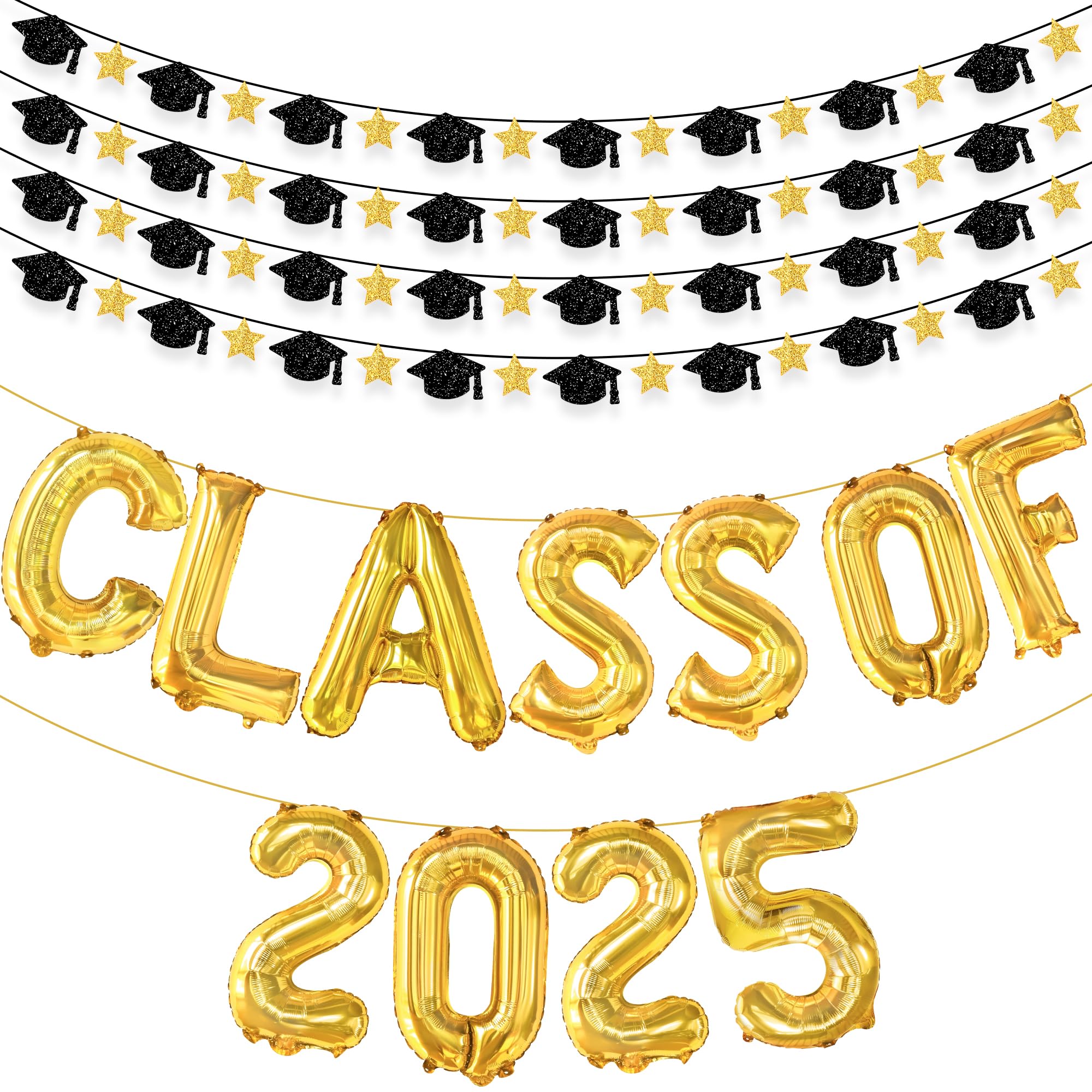 KatchOn Graduation Cap Garland - 10ft Gold & Black Class of 2025 Decor | 16in Graduation Balloons | Party Backdrop, Photo Booth & Wall Decoration for High School & College Graduation Celebrations