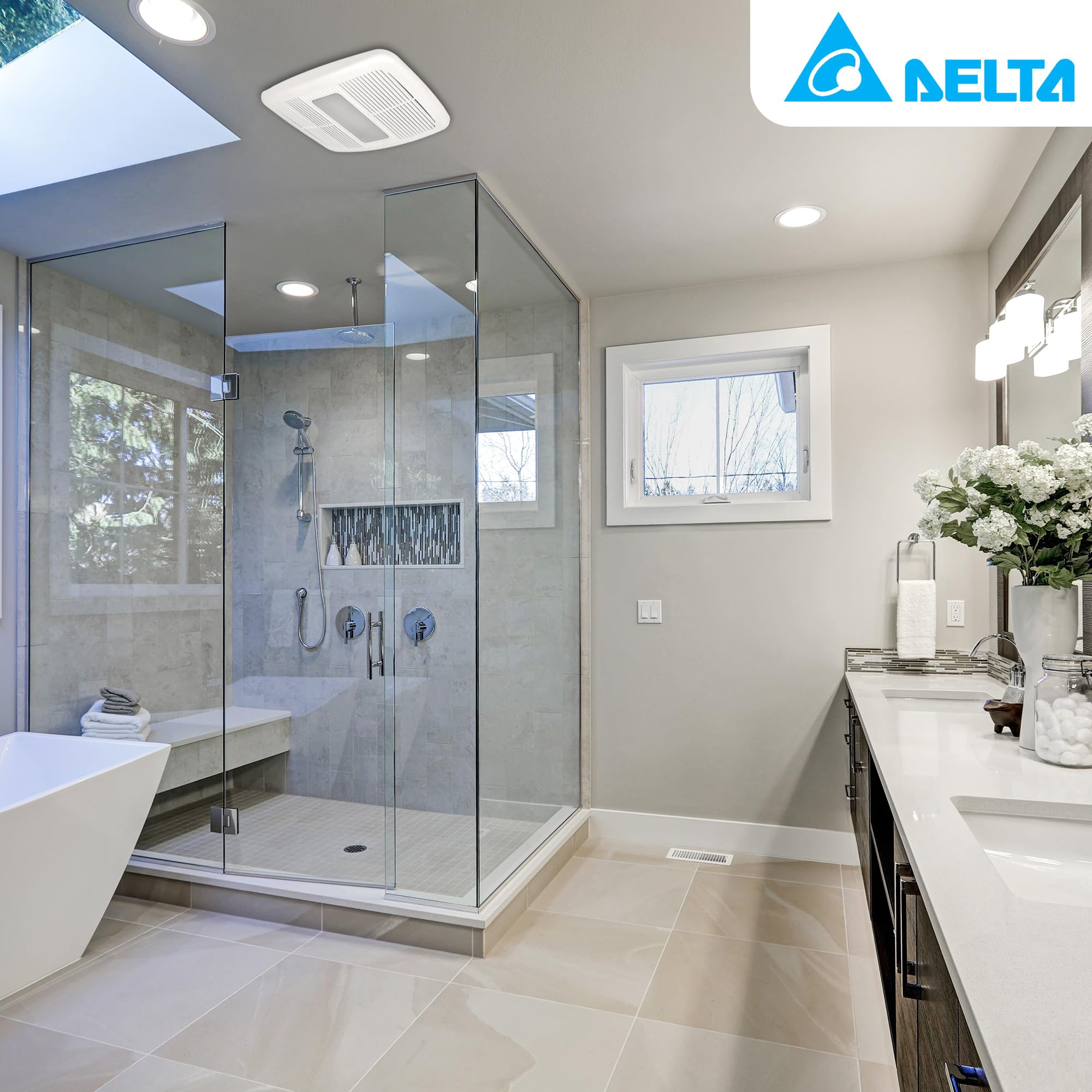 Delta Electronics RAD80LED BreezRadiance 80 CFM Bathroom Exhaust Fan with LED Dimmable Light and Heater - Quiet Ventilation for Bathrooms, Showers & Home Comfort