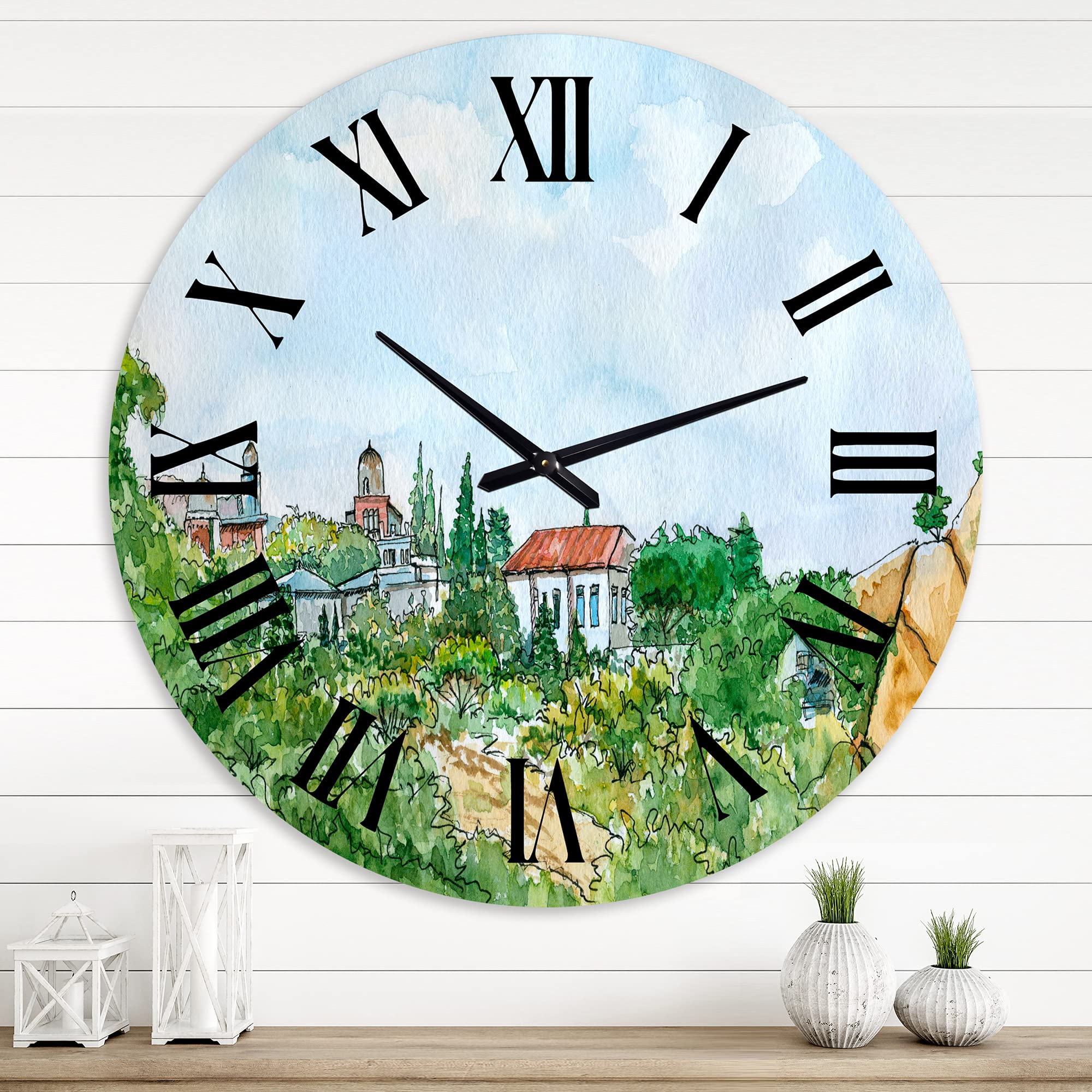 DesignQ Traditional Wall Clock - White House with Red Roof Countryside Landscape Decor | Large Vintage Wall Clock for Living Room, Bedroom & Office | Perfect for Farmhouse, Rustic & Nature-Themed Home Decor