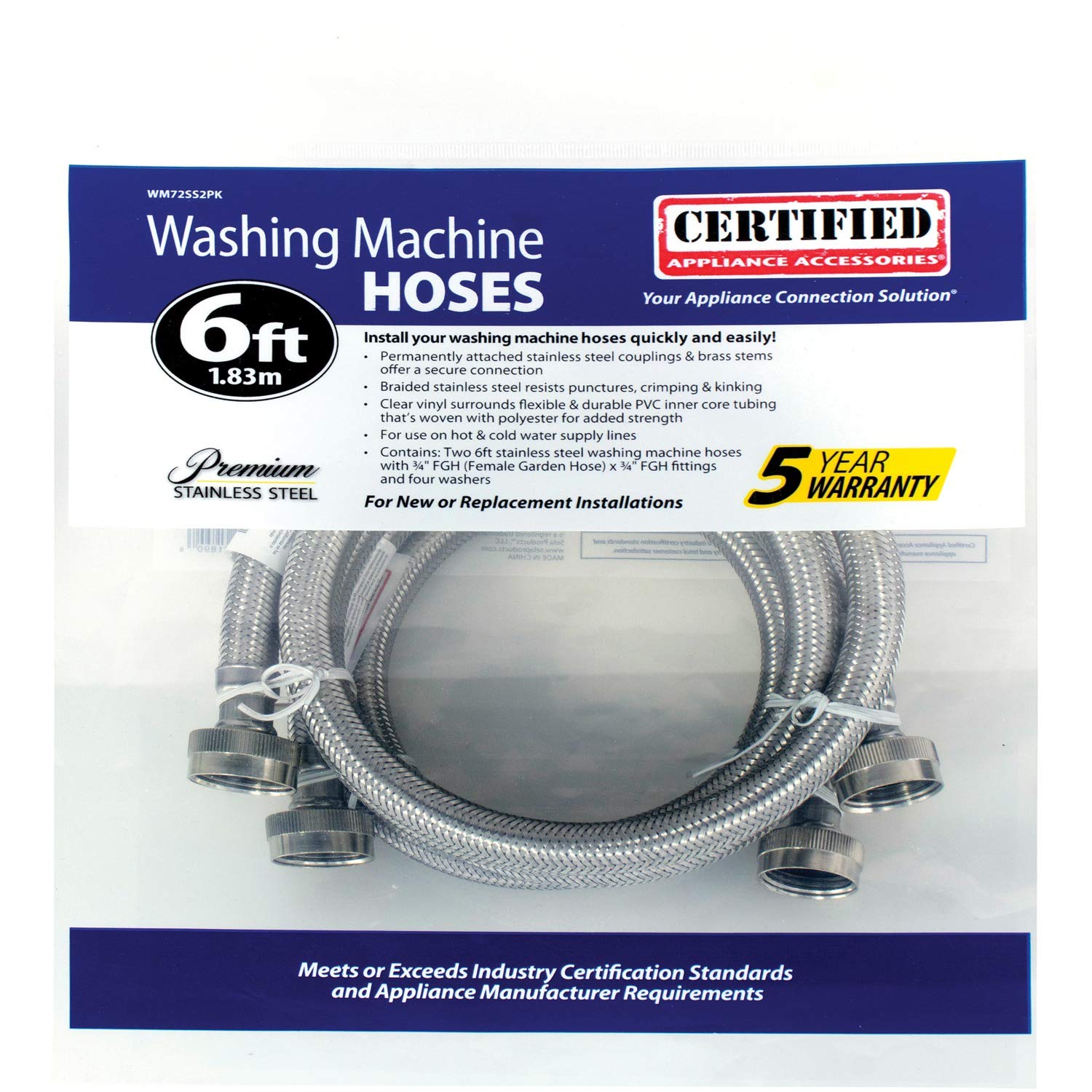 Certified Washing Machine Hoses (2 Pack) - 6ft Hot & Cold Water Supply Lines with PVC Core & Stainless Steel Braiding - Perfect for Laundry Room, RV, Mobile Home & Emergency Replacement