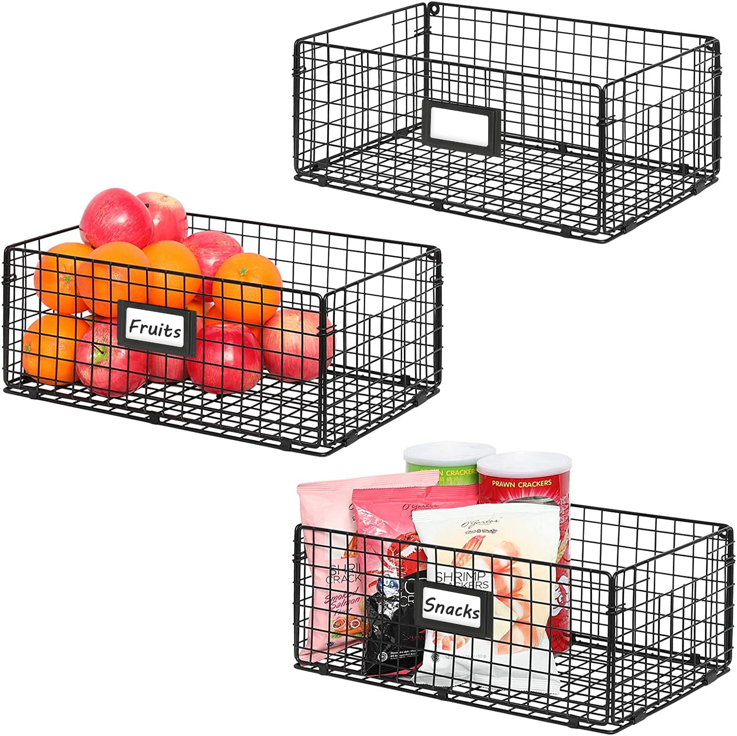 Foldable Metal Wire Basket Organizer - 3 Pack Wall Mount Cabinet Storage Bins with Handles (16