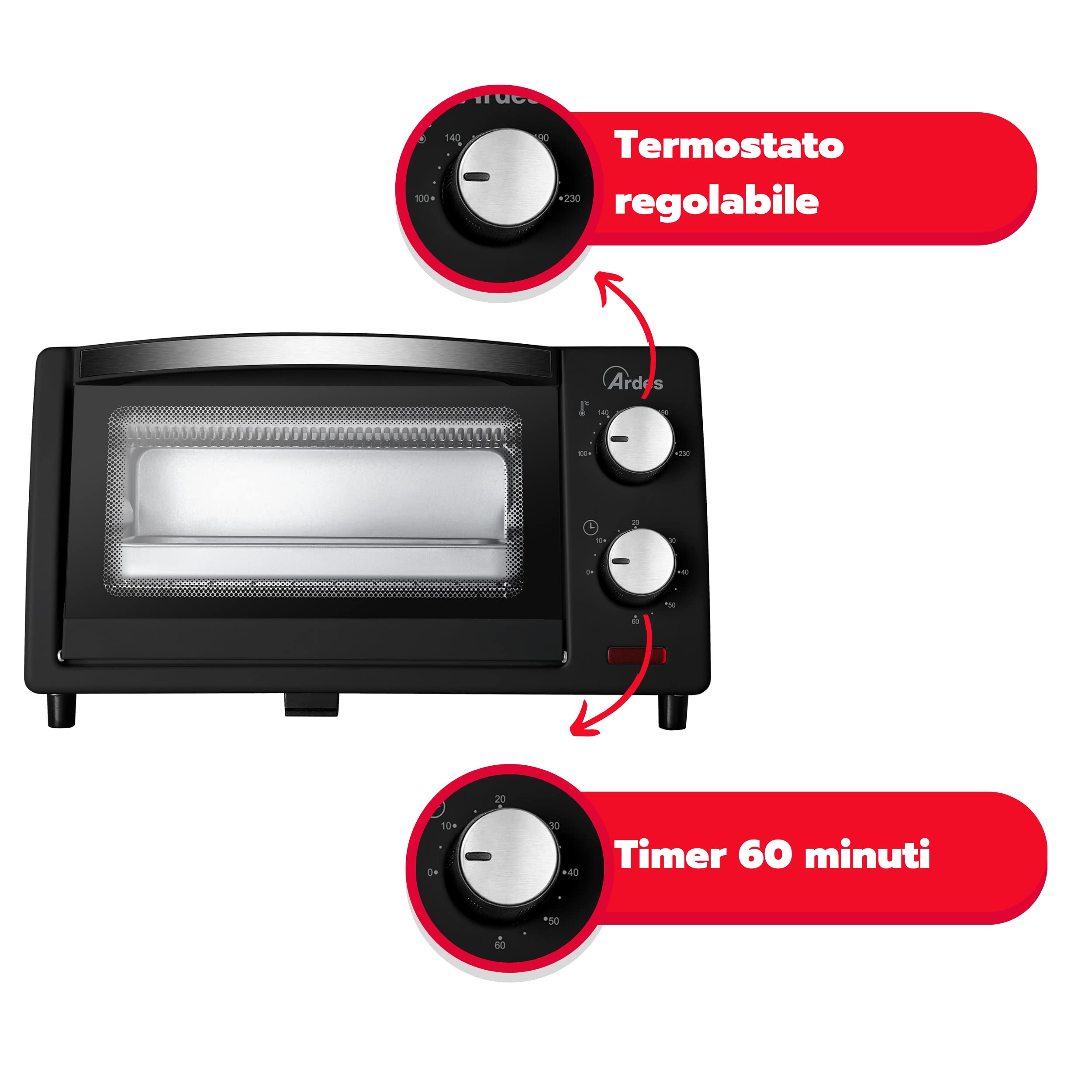 Ardes Ar6211B 10L Electric Fornetto with Internal Light, Adjustable Thermostat & Timer, Double Glass & Auto Shut-Off - Perfect for Baking, Roasting & Slow Cooking at Home - Black