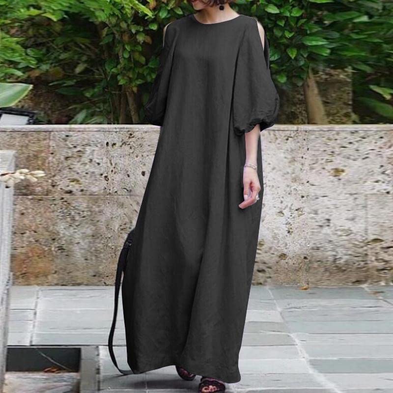 JOAU Women's Plus Size Maxi Dress - Cotton Linen Blend, Solid Color Puff Sleeve Long Kaftan Dress for Summer | Beach Cover Up, Vacation Outfit, Casual Boho Chic Style