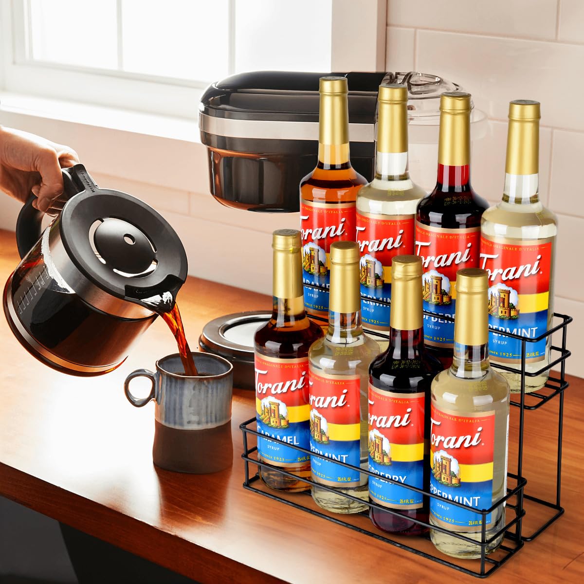 8-Bottle Coffee Syrup Organizer - 2-Tier Storage Shelf for Coffee Bar, Kitchen & Home - Perfect for Syrups, Wine & Condiments - Ideal for Coffee Shops, Bars & Family Kitchens