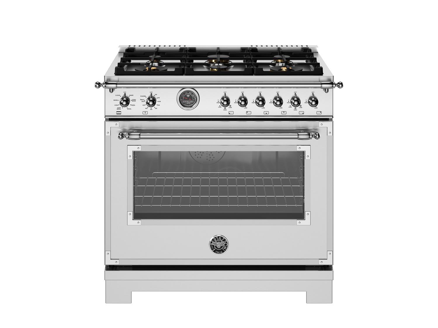 Bertazzoni HER366BCFEPXT 36 Inch Dual Fuel Range with 6 Brass Burners & Cast Iron Griddle - Stainless Steel Electric Self-Cleaning Oven for Professional Home Cooking & Entertaining