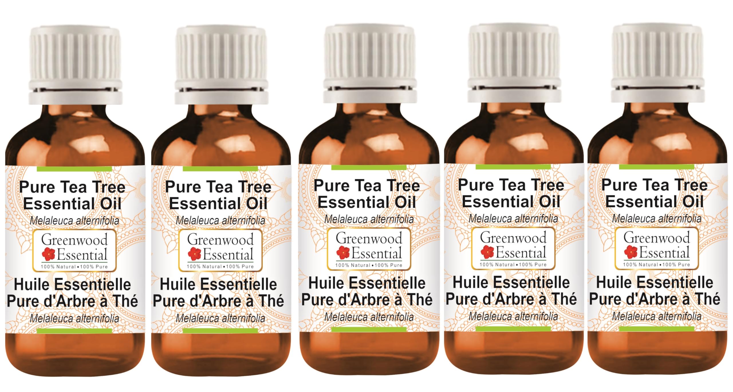 Organic Tea Tree Essential Oil 100% Pure (Melaleuca Alternifolia) - Steam Distilled, 5-Pack (16.9 oz Total) for Skin Care, Aromatherapy & Home Cleaning