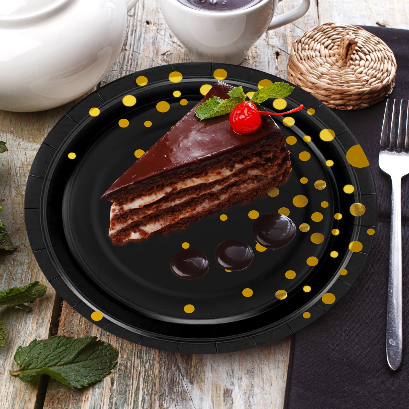 Black and Gold Disposable Paper Dessert Plates 7 Inch (50-Pack) - Elegant Gold Dot Cake Plates for Parties, Halloween, Birthdays & Special Events - Perfect for Desserts, Snacks & Beautiful Party Decorations