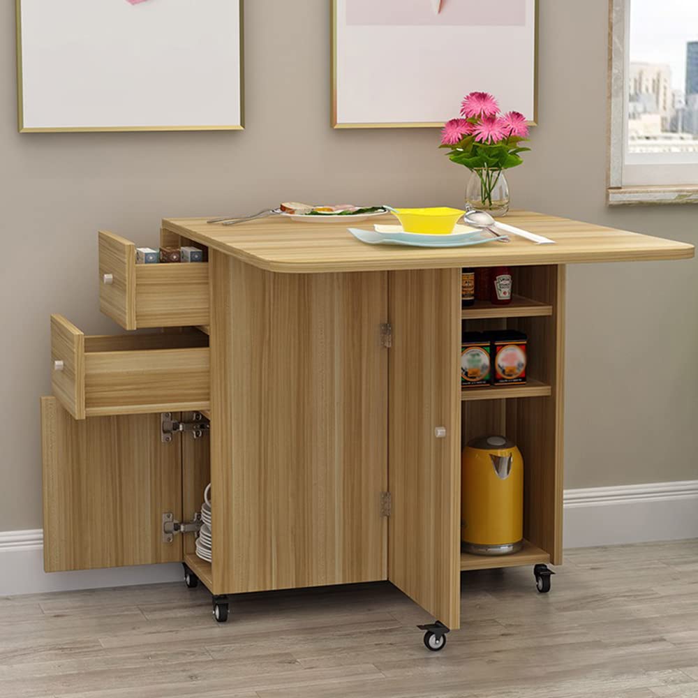 Modern Wooden Pedestal Dining Table with Drop Leaf - Foldable Kitchen Table, Multifunctional Space-Saving Design, Natural Finish (55.1
