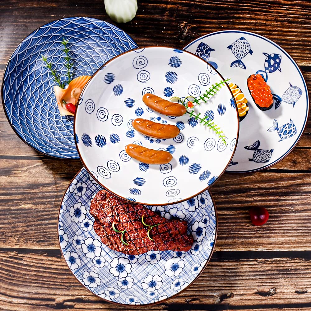 Ceramic Dinner Plates Set of 4 - Blue and White Floral Pasta Bowls, Salad & Dessert Plates | Microwave & Dishwasher Safe | Perfect for Pasta, Appetizers, Snacks & Family Dinners