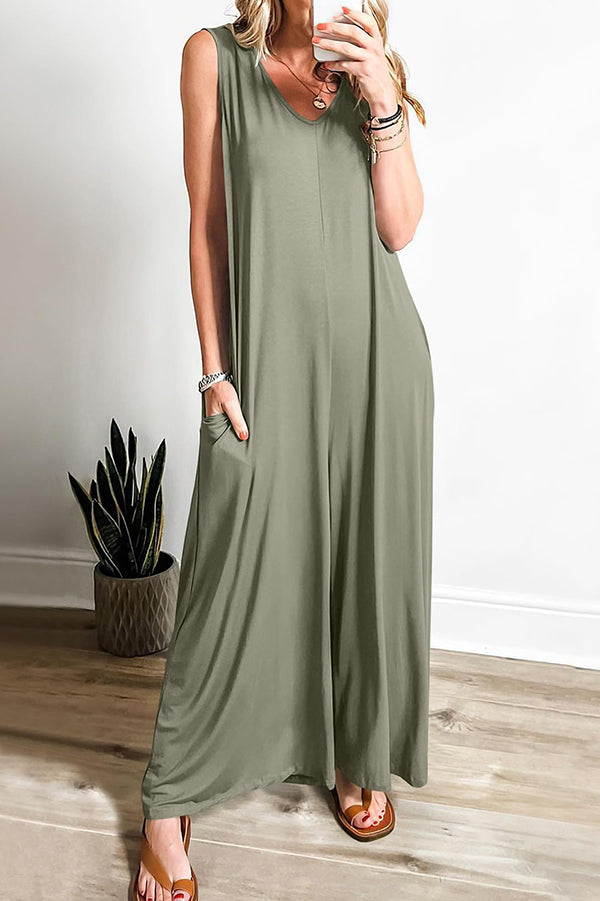 Solid Color V-Neck Sleeveless Loose Pocket Wide Leg Jumpsuit for Women - Casual Summer Outfit, Beach Cover Up, Vacation Wear