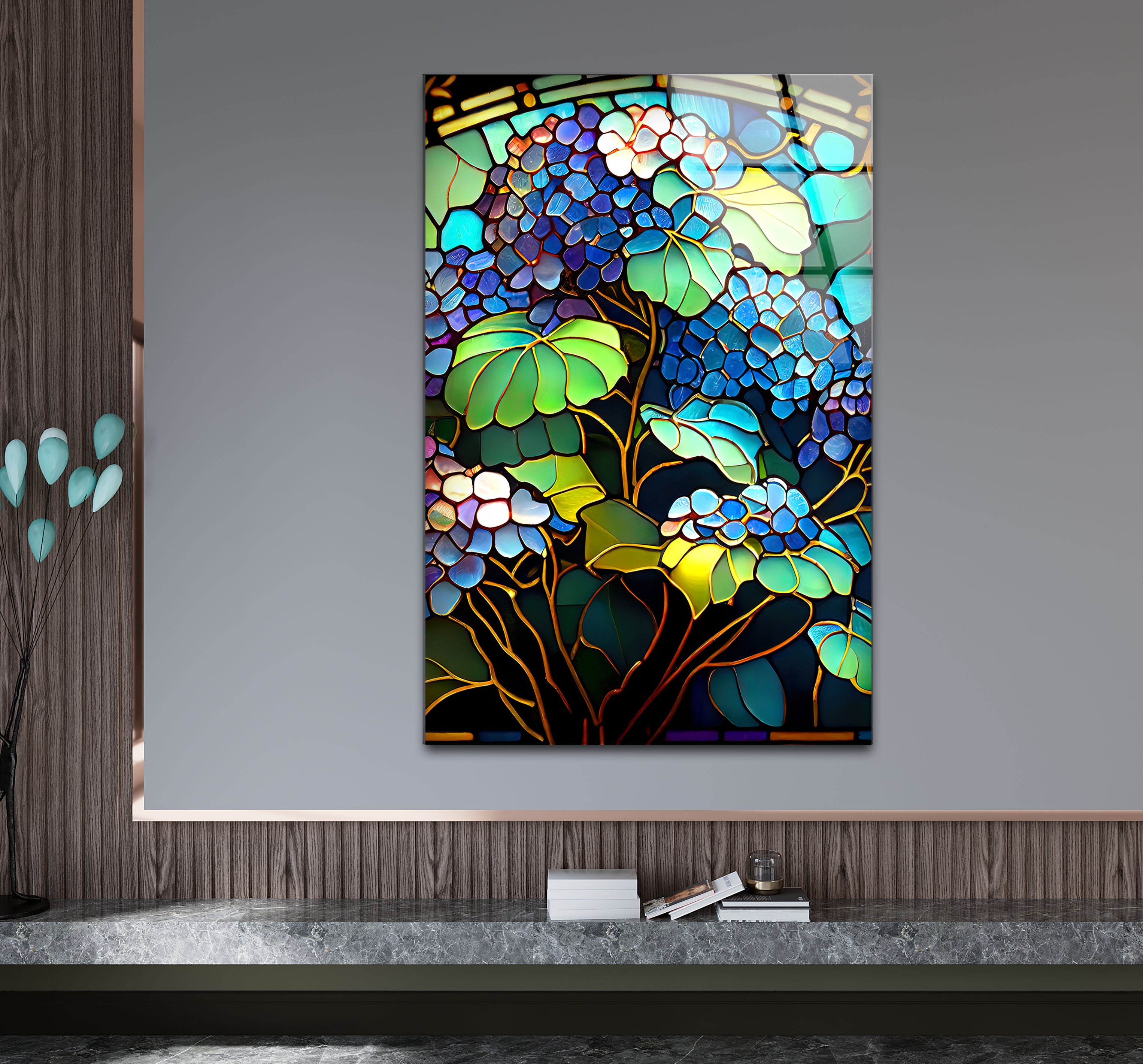 Blue Hydrangea Stained Glass Wall Art - Vertical Floral Glass Print for Home Decor, Church, Wedding & Office | Handmade Glass Painting Gift for Women