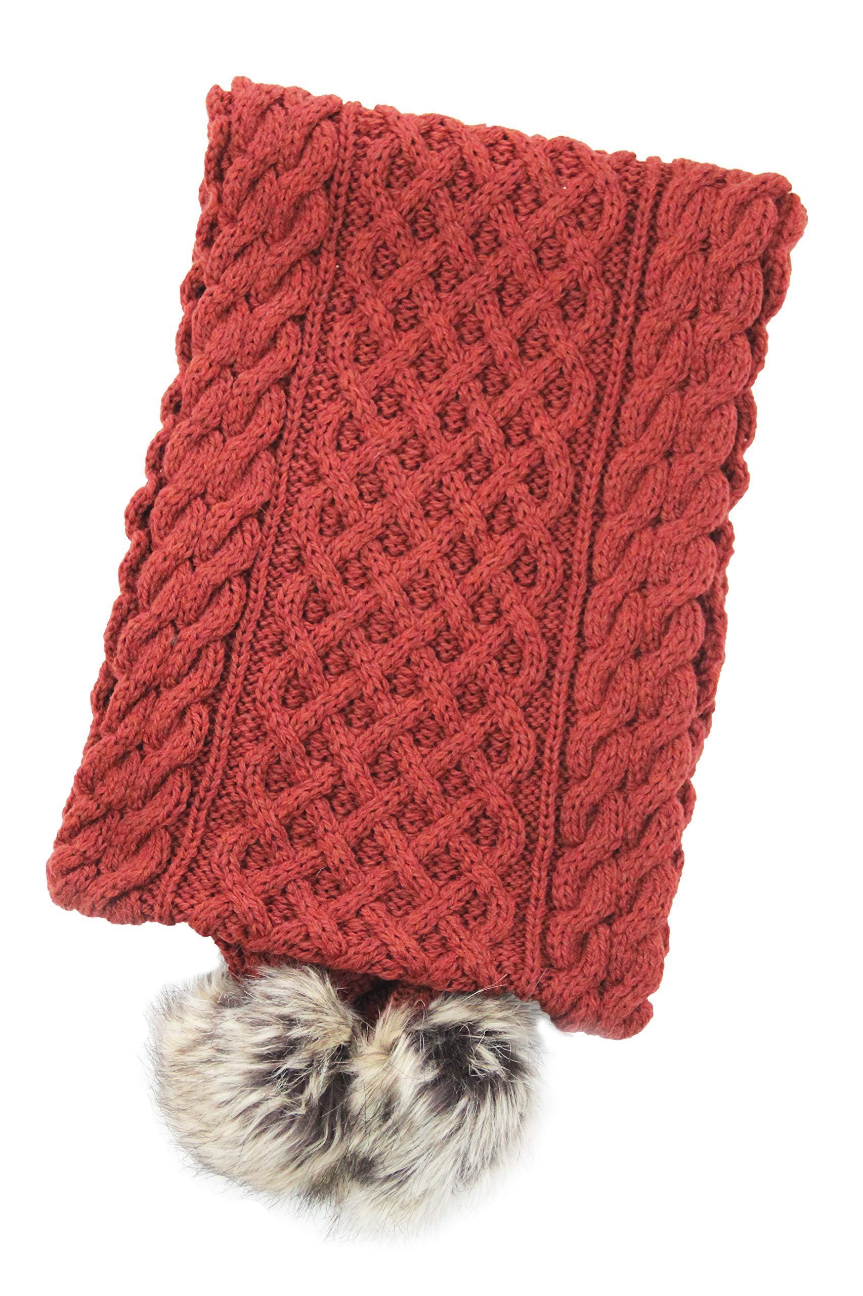 Aran Crafts Irish Cable Knit Wool Scarf with Faux Fur Pom - 10