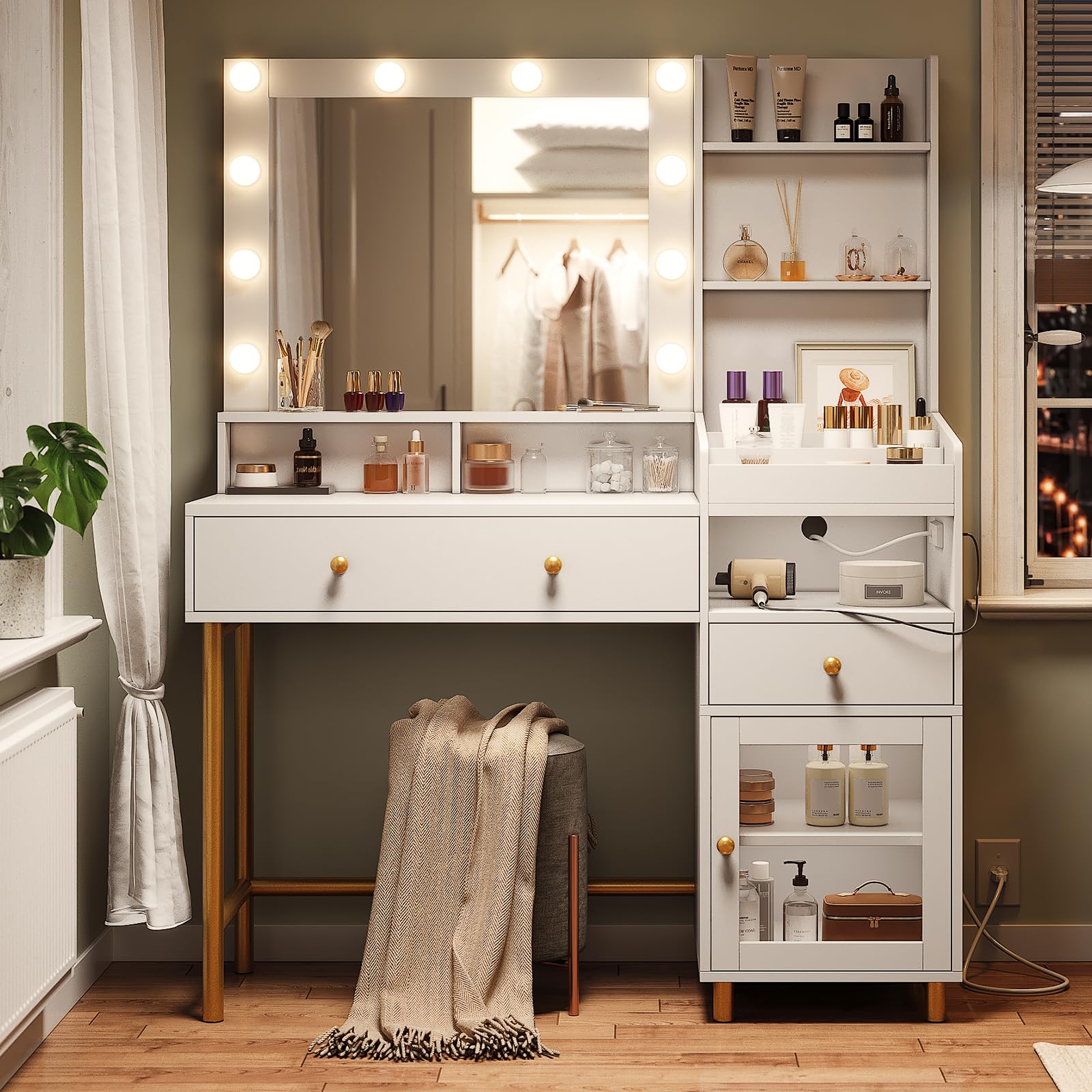 AOGLLATI 3-Color LED Makeup Vanity Desk with Mirror, Charging Station & Storage - White Vanity Table with Unique Separation Design for Bedroom, Dressing Room & Salon