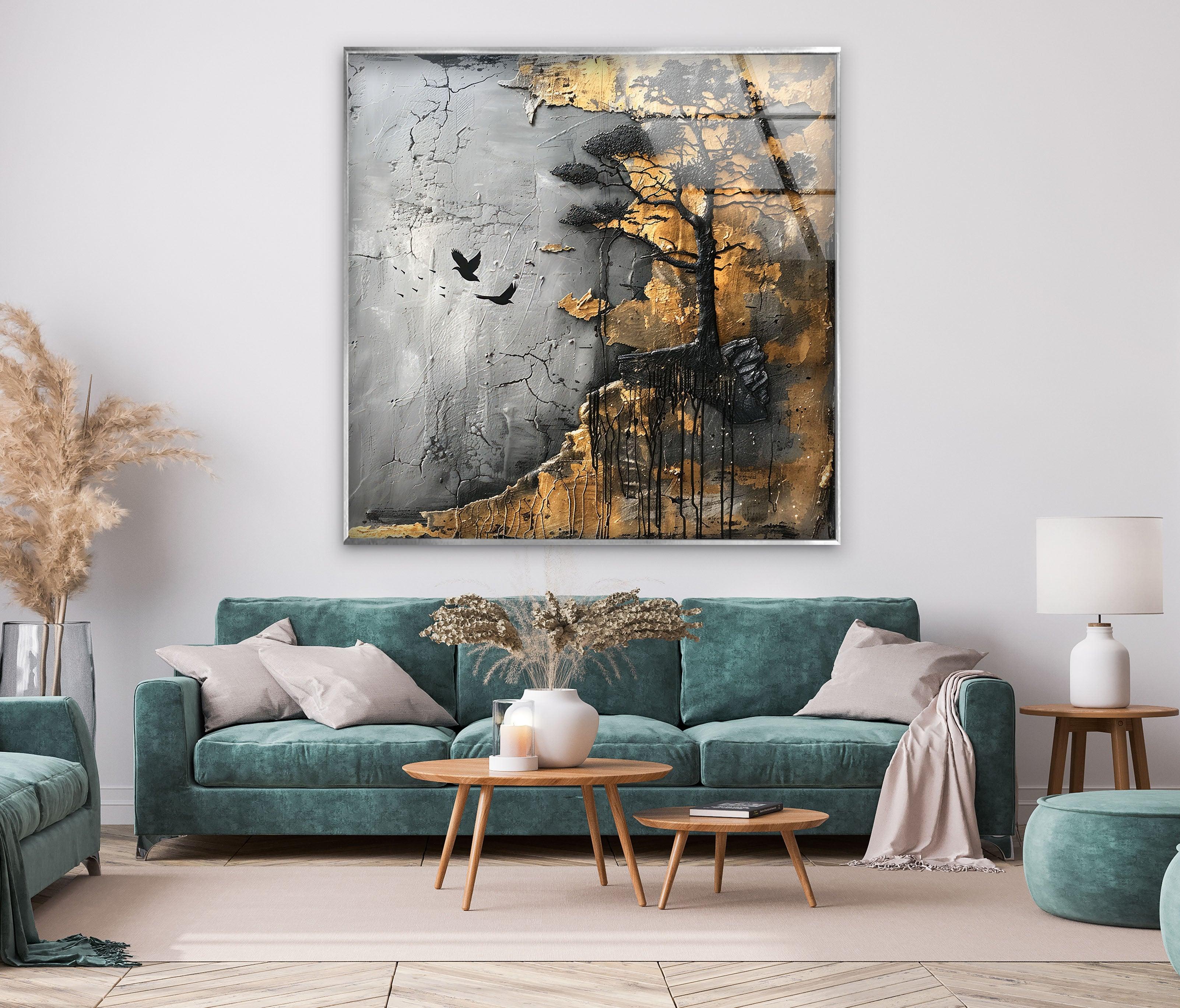 Golden Abstract Glass Wall Art - Modern Black Tree Design for Living Room, Bedroom & Office Decor | Handmade Glass Artwork for Home & Interior Design