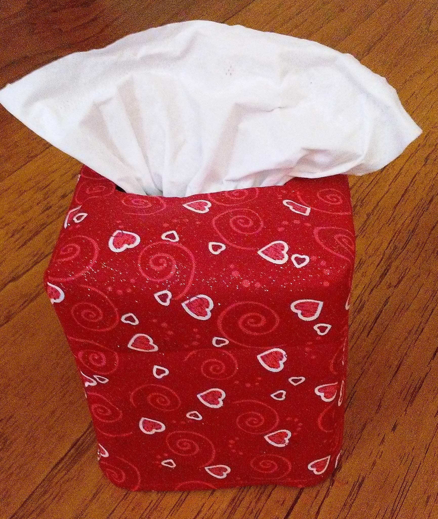 Handmade Glittering Red Hearts & Swirls Fabric Square Tissue Box Cover - Decorative Home & Office Accessory for Living Room, Bedroom, Bathroom