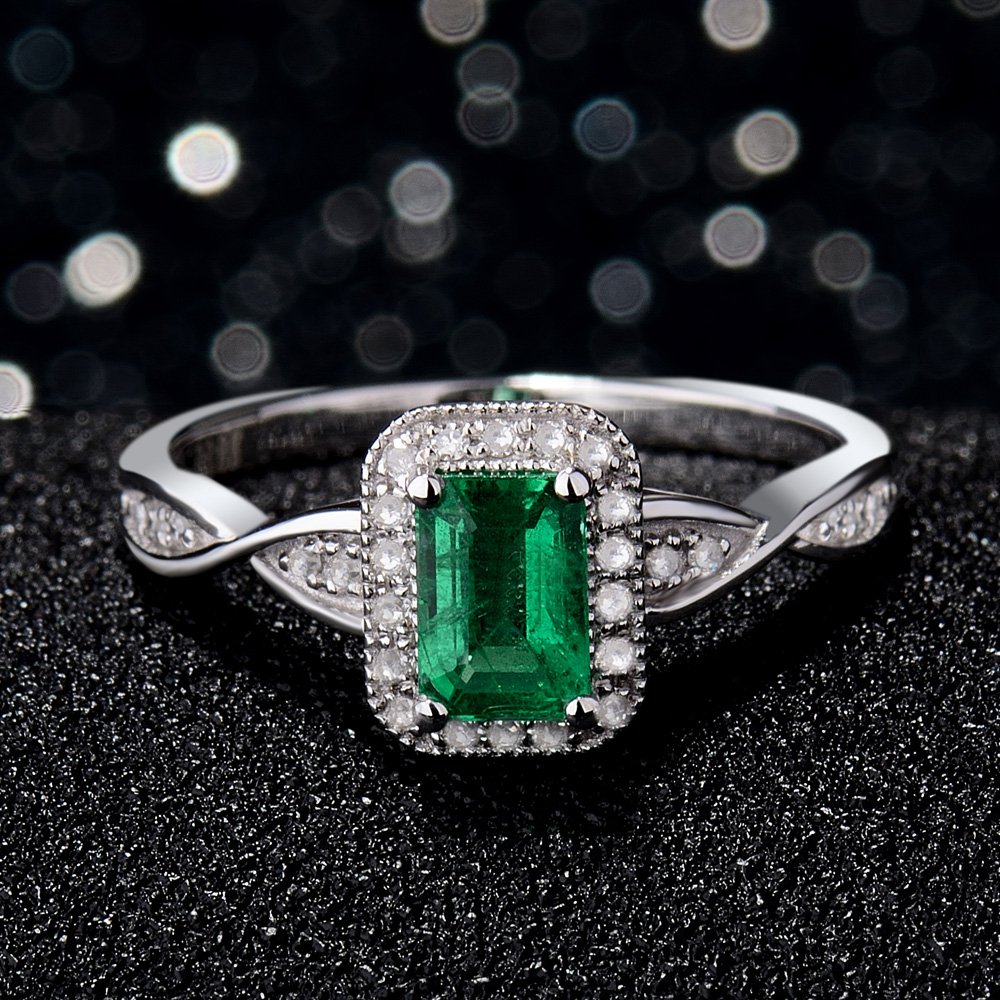 14K White Gold Natural Green Emerald Diamond Ring for Women - Elegant Engagement & Promise Ring for Weddings, Anniversaries, and Special Occasions