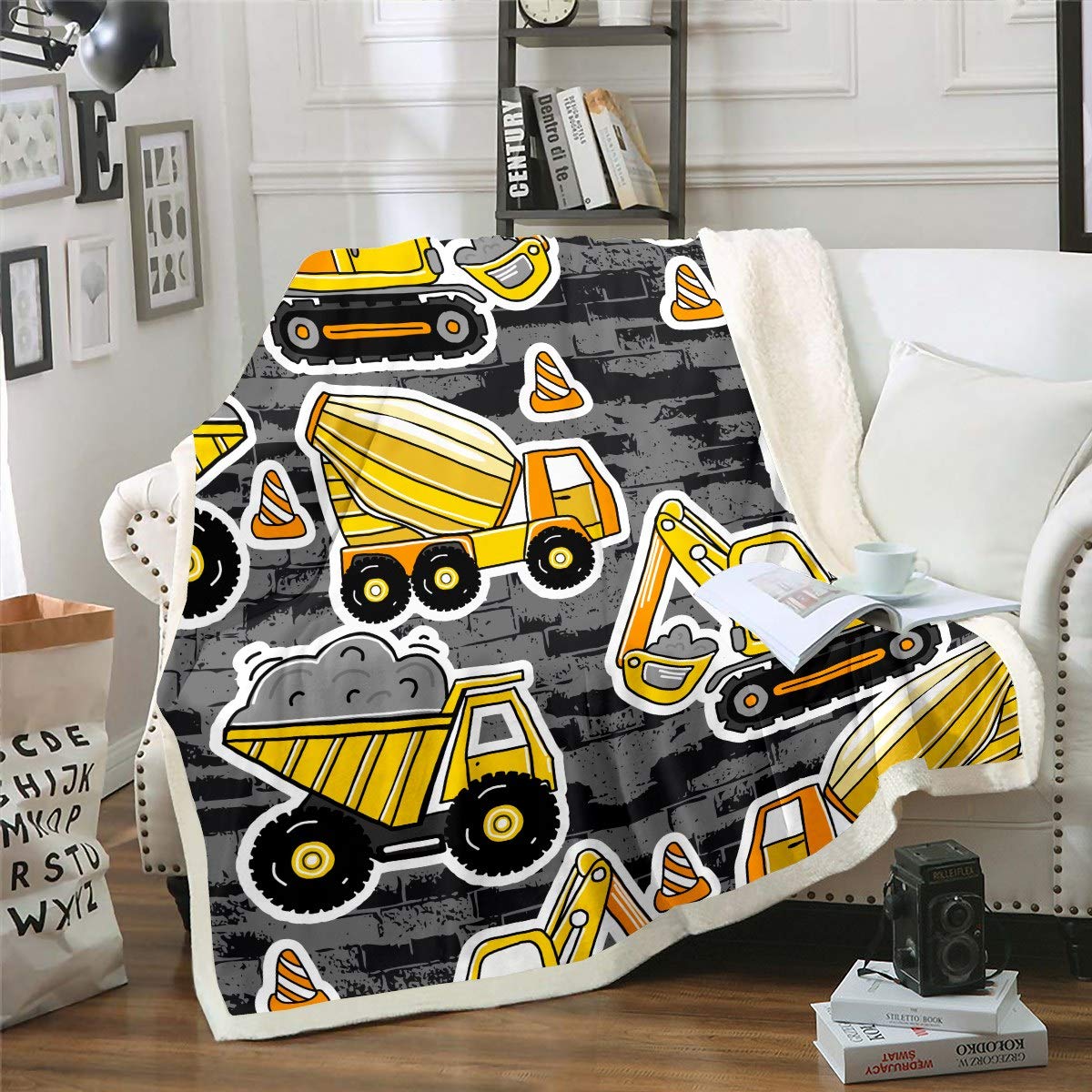 Excavator & Concrete Truck Fleece Blanket for Kids - 30