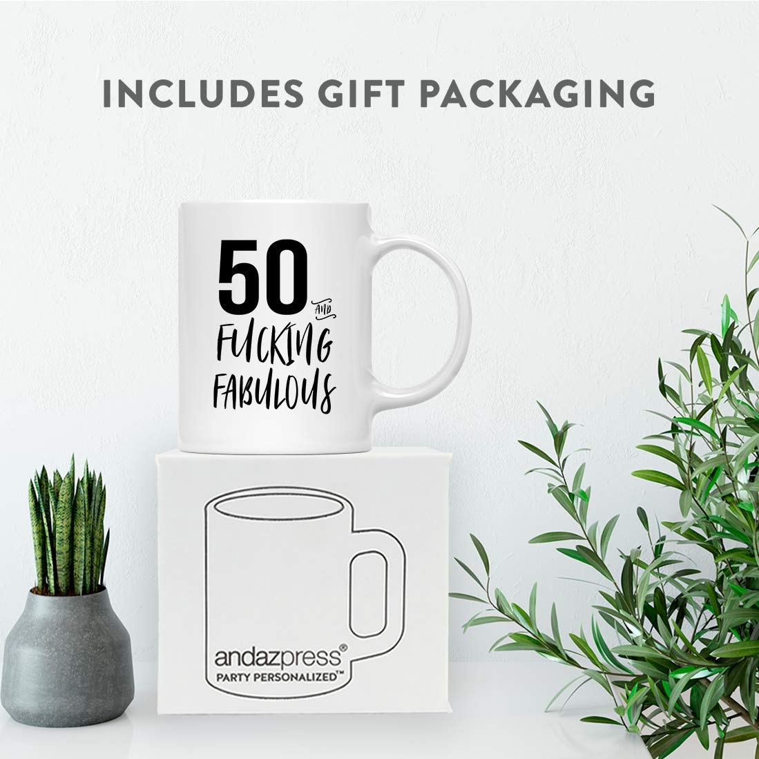 50 and Fabulous Funny Coffee Mug - 11oz Ceramic Tea Cup with Sarcastic Birthday Quote - Perfect 50th Birthday Gag Gift for Women & Men - Great for Office, Home Use or Retirement Party Decoration