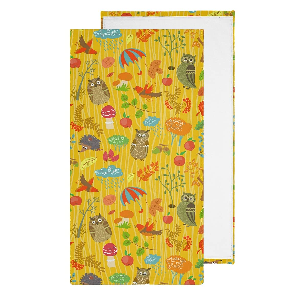 Autumn Owl Kitchen Towels Set of 2 - Cute Apple & Mushroom Print Hand Towels - Super Absorbent & Soft - Perfect for Kitchen, Bathroom & Holiday Decor