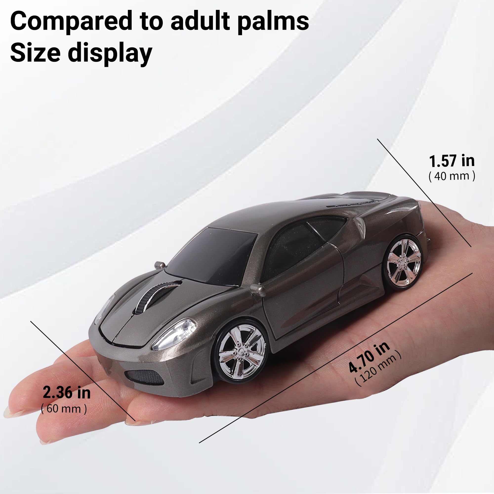 Wireless Mouse 2.4GHz - Ergonomic Sport Car Shaped Optical Cordless Mouse with USB Receiver for PC Laptop, 1600 DPI, 3 Buttons (Gray) - Perfect for Gaming, Office Work & Travel