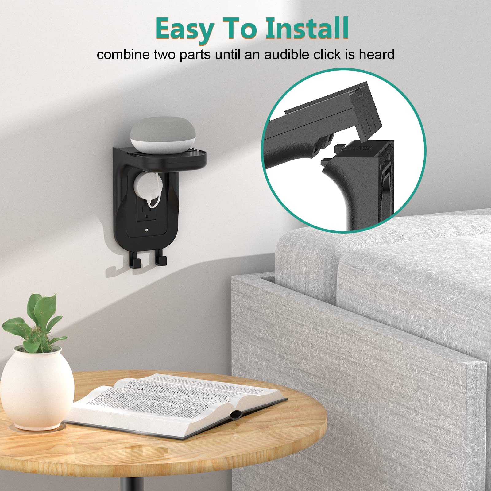 WALI Outlet Shelf Wall Holder for Duplex GFCI Decorative Outlet - Space Saving Smart Home Organizer with Cable Management, Holds Speakers up to 20lbs (OSH002-B, Black) - Perfect for Bedroom, Living Room & Home Office Setup