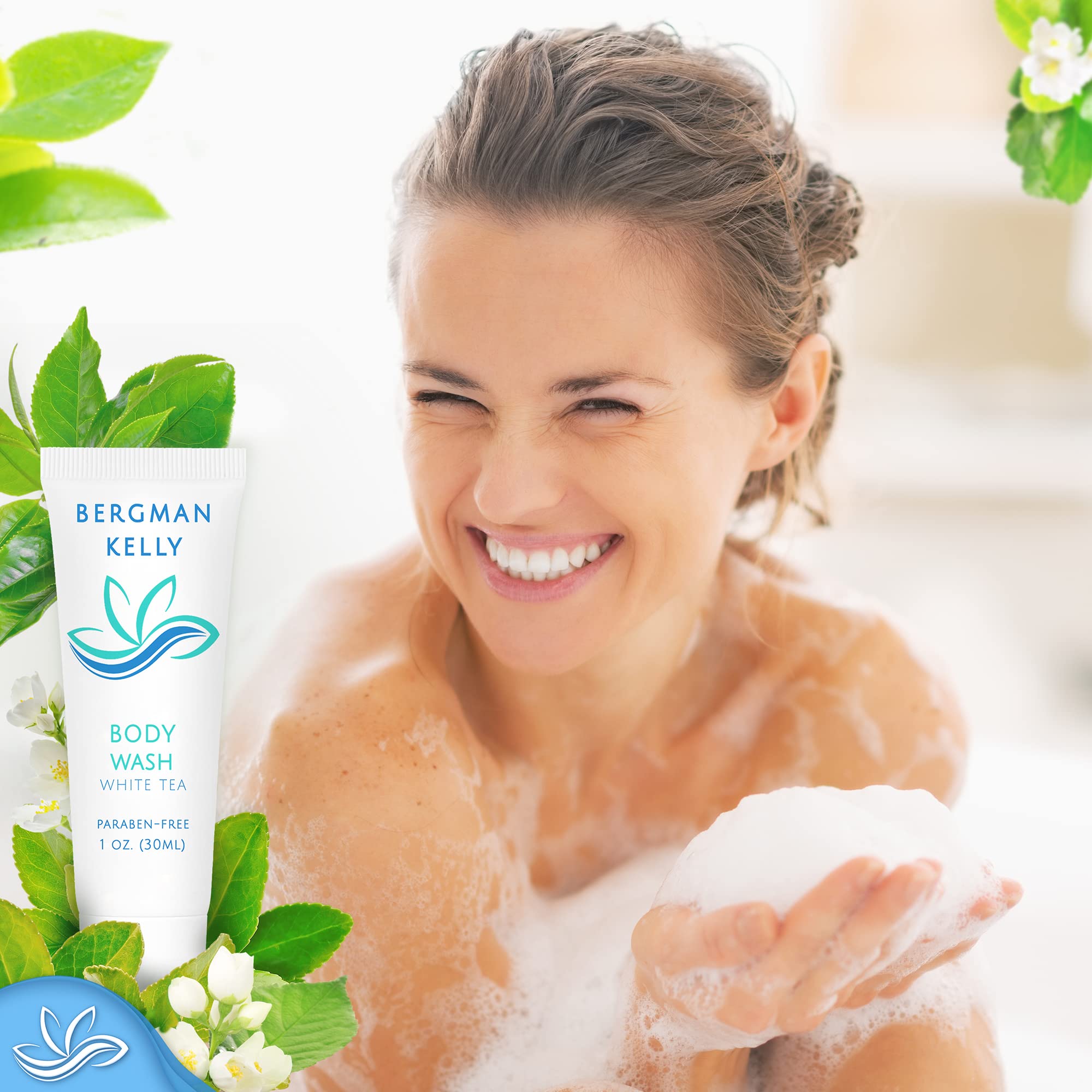BERGMAN KELLY Travel Size Body Wash - 1 fl oz (100 Pack) - White Tea Scent - Premium Mini Hotel Toiletries for Guests - Bulk Bath Essentials for Hotels, Spas, Travel & Home Use