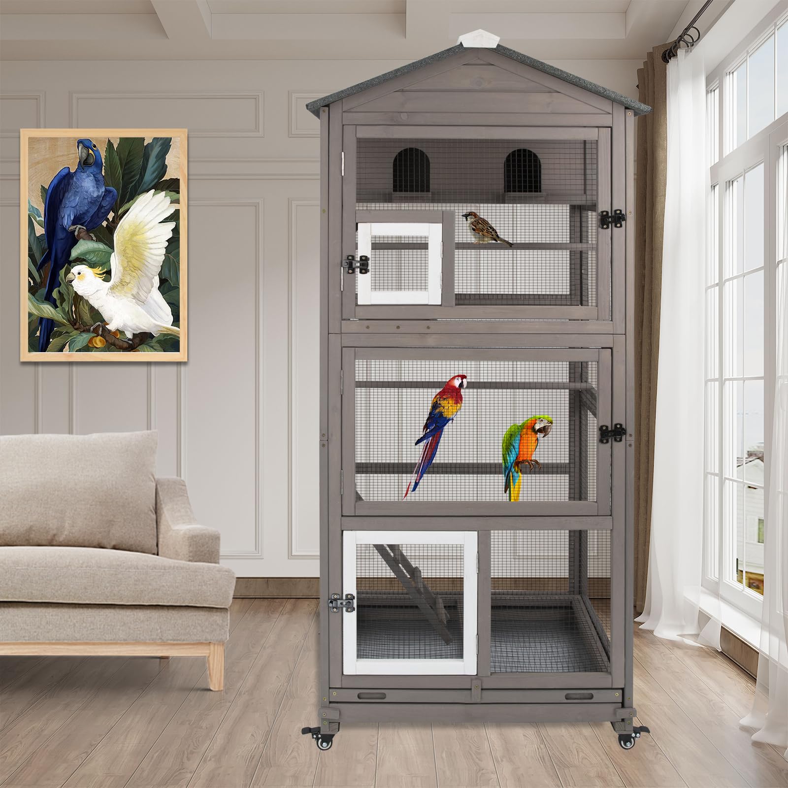 Large Outdoor Wooden Bird Cage - Flight Aviary for Parrots, Parakeets, Finches & Small Birds | Pull-Out Wire Netting, Slide-Out Tray, 2 Perches, Nest House & 4 Wheels | Grey | Perfect for Backyard, Garden & Patio Bird Keeping