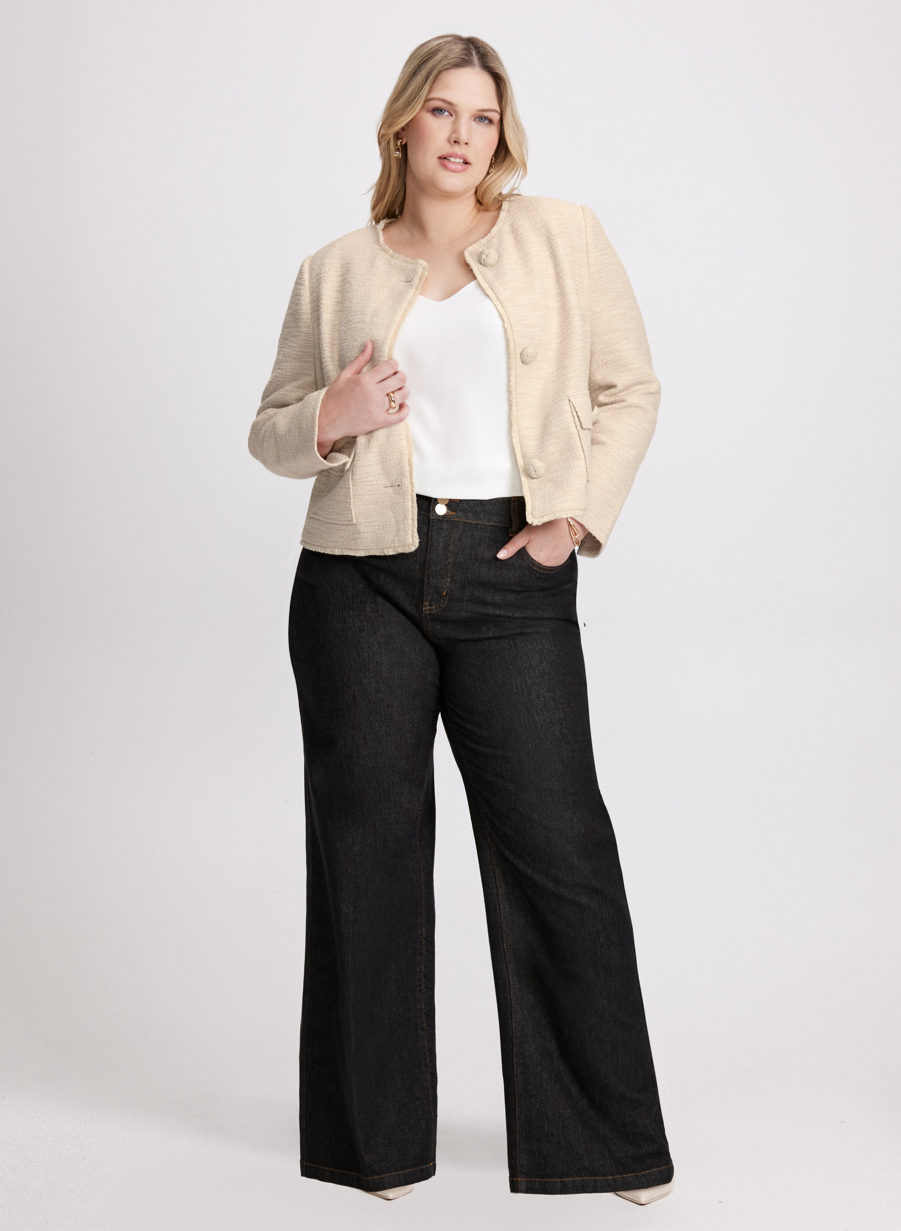Cropped Boucle Jacket & Wide Leg Bootcut Jeans Set - Women's Fashion Outfit for Casual Wear, Office & Date Night