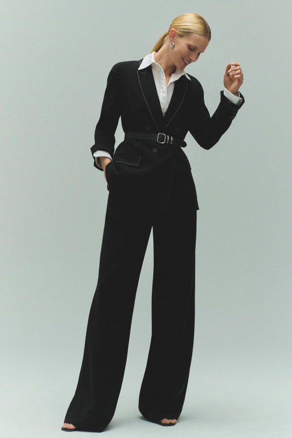 Bia Pleated Trousers for Women - High Waist Everyday Crepe Pants with Topstitch Detail - Comfortable Office Work Pants - Black - Perfect for Business Casual & Professional Wear
