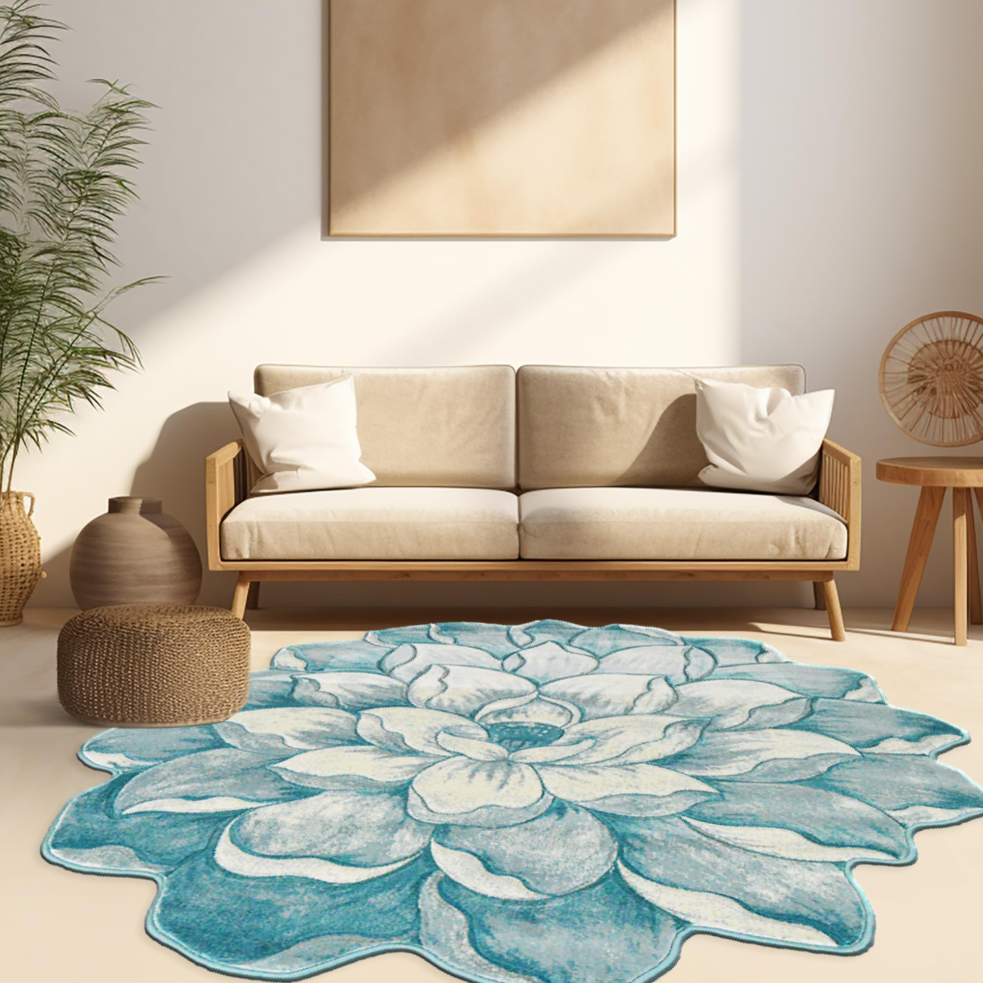 5ft Round Flower Shaped Area Rug - Soft Plush Circle Carpet for Bedroom, Living Room, Nursery | Non-Slip Girly Home Decor (Blue) - Perfect for Boho Chic Decor & Cozy Floor Seating Areas