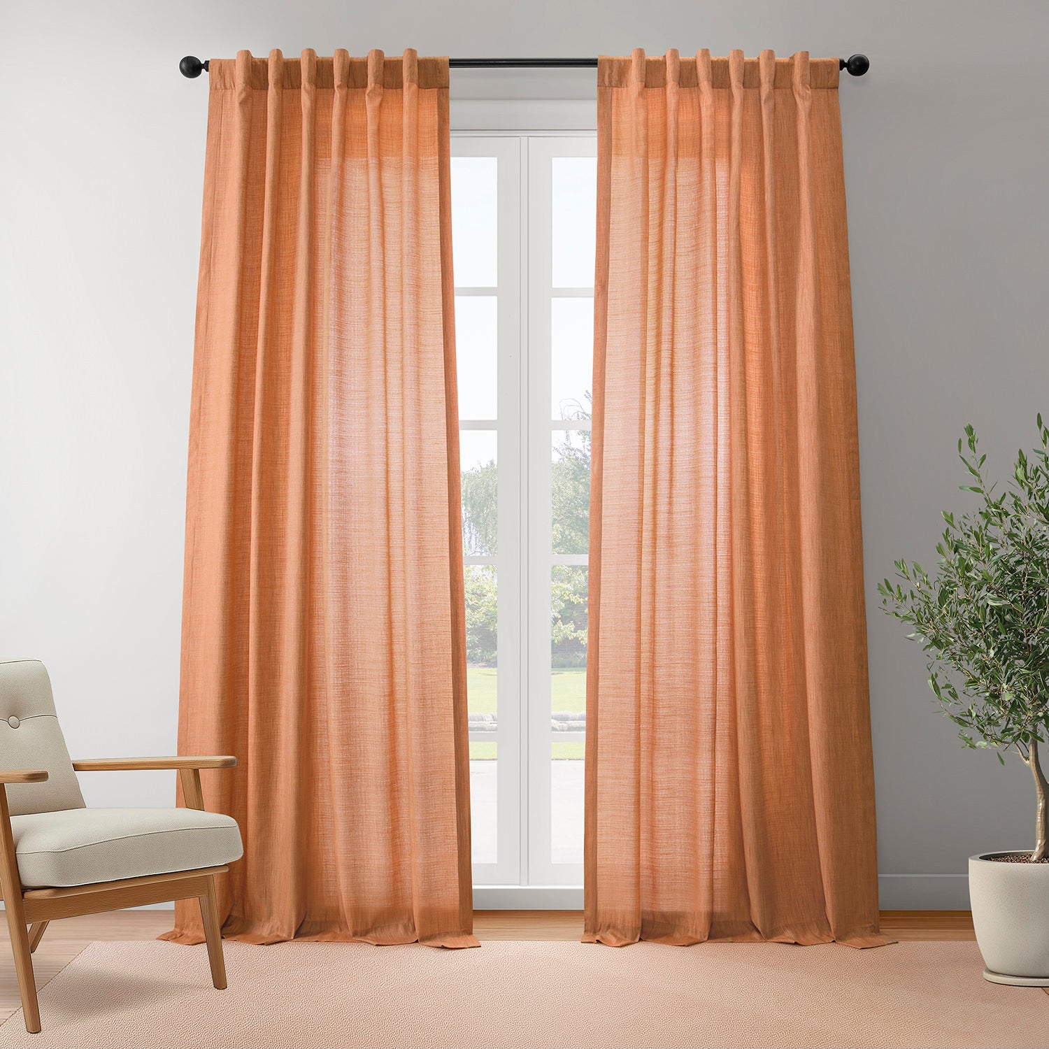 Rustic Orange Linen Weave Light Filtering Curtains - Set of 2 Panels for Living Room, Bedroom & Dining Room Window Treatments