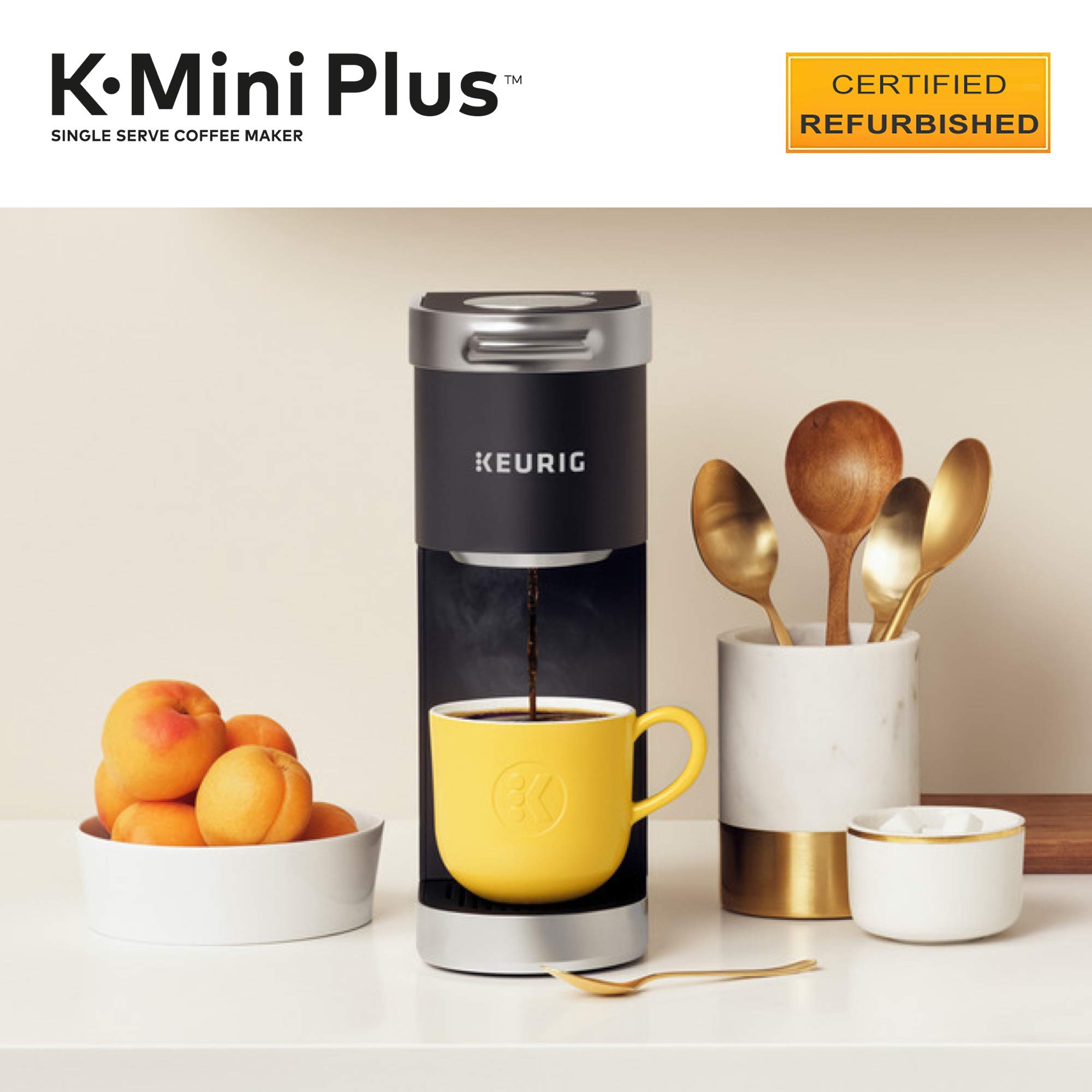 Certified Refurbished Keurig K-Mini Plus Single Serve Coffee Maker - Black (Renewed) | Compact Design for Home, Office & Dorm Use | Fast Brewing with No Water Reservoir