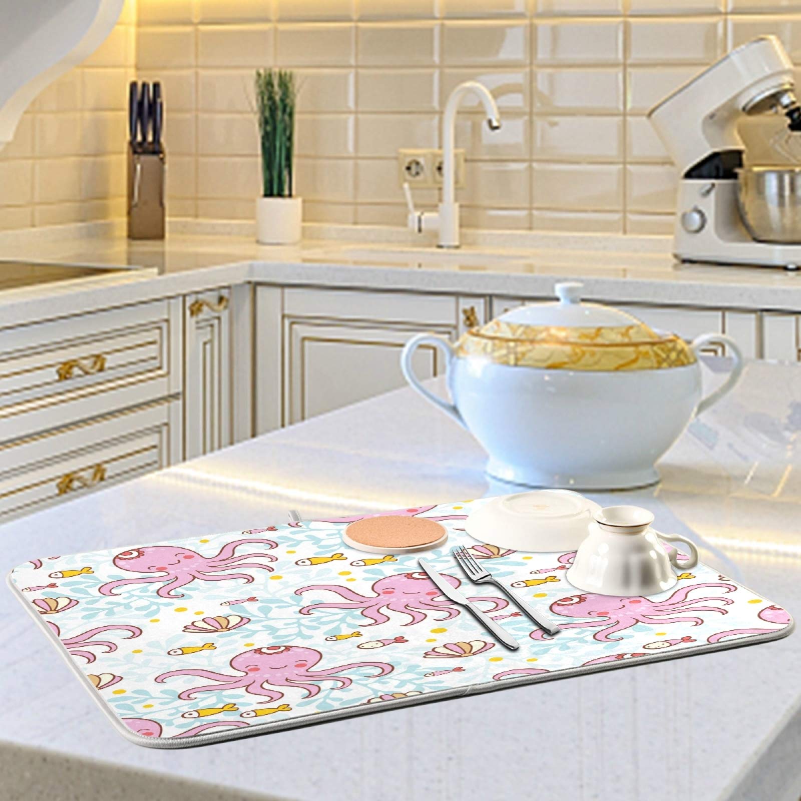 Pink Octopus Dish Drying Mat - Super Absorbent Reversible Microfiber for Kitchen Counter (18x24 Inch) - Perfect for Dishes & Utensils