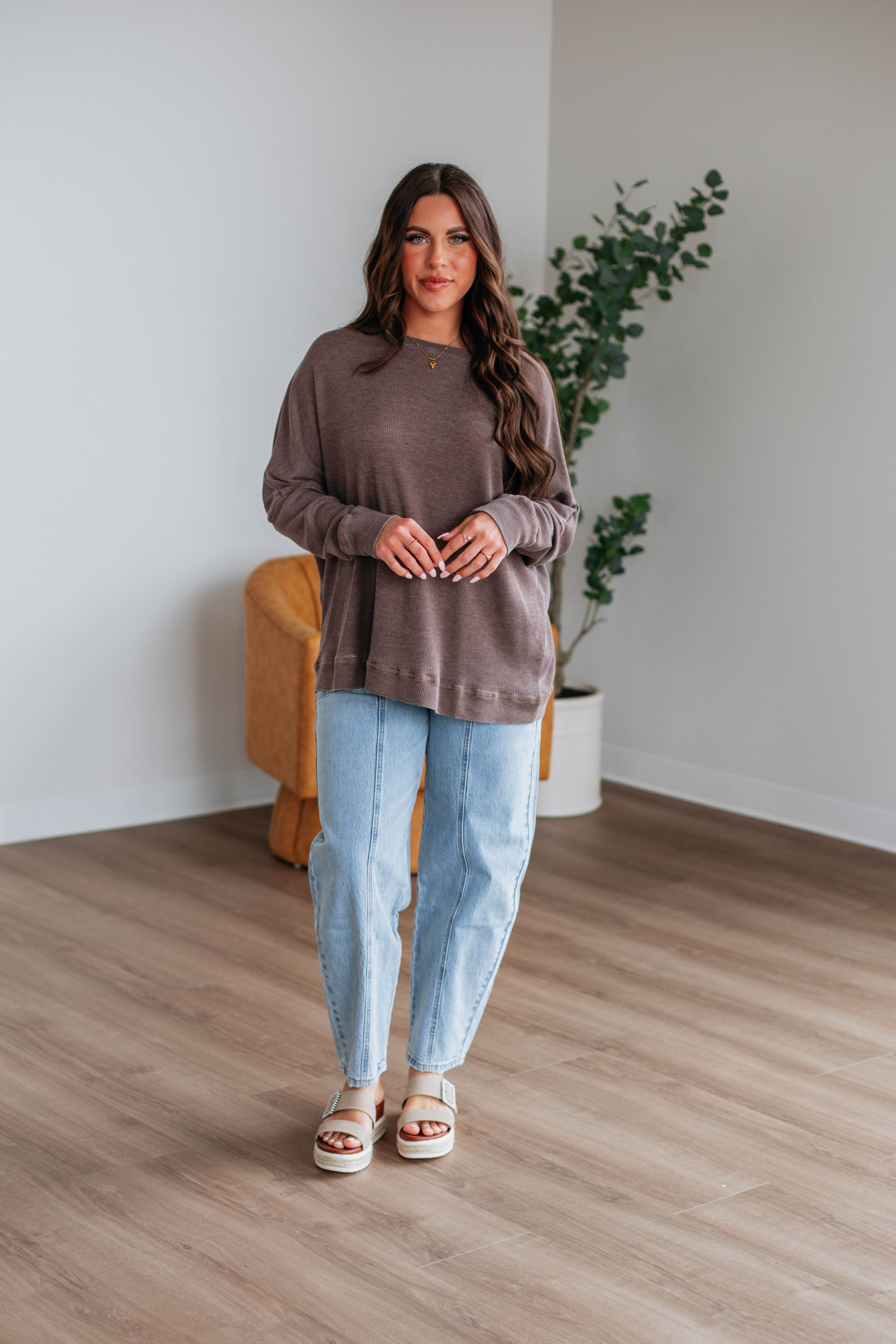Breathable Waffle Knit Top for Women - Soft Chocolate Brown Long Sleeve Shirt | Perfect for Fall Layering, Casual Outfits & Coffee Dates