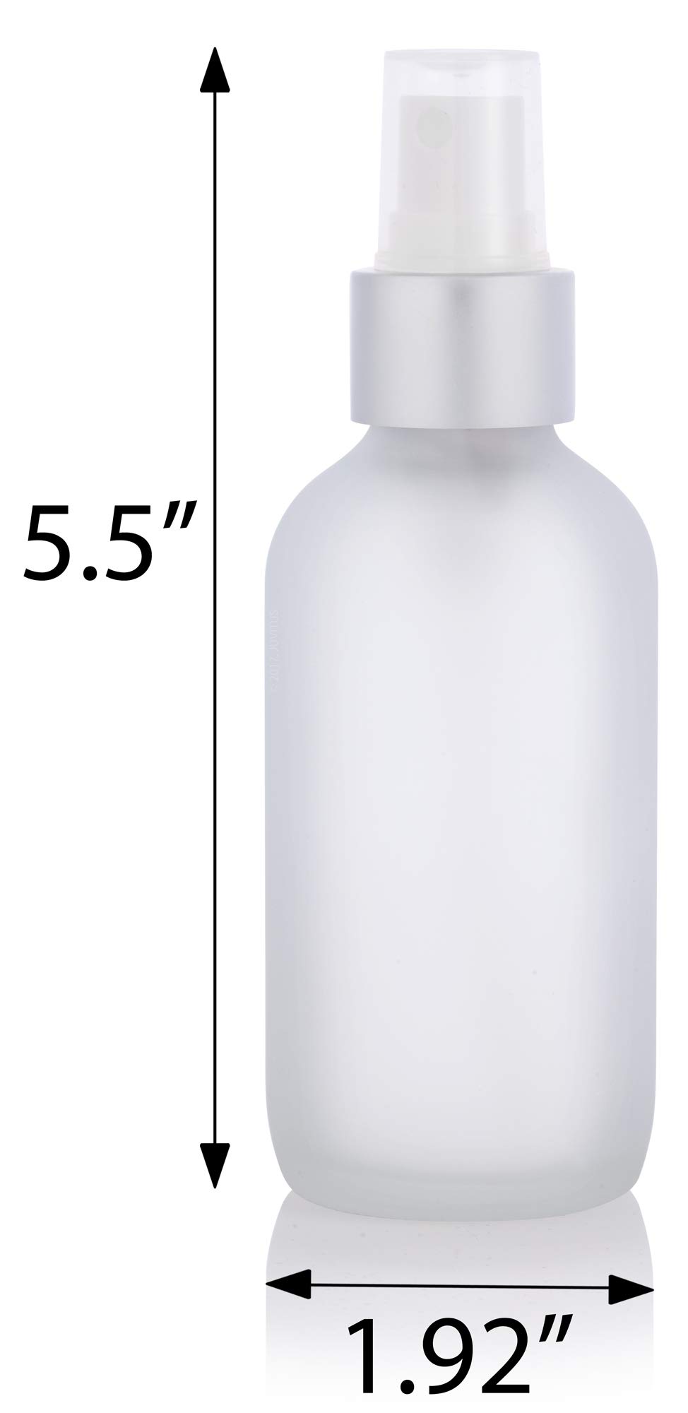 JUVITUS 4 oz Clear Frosted Glass Boston Round Bottle with Silver Fine Mist Spray (6 Pack) + Funnel - Perfect for Essential Oils, Perfumes & DIY Skincare Recipes