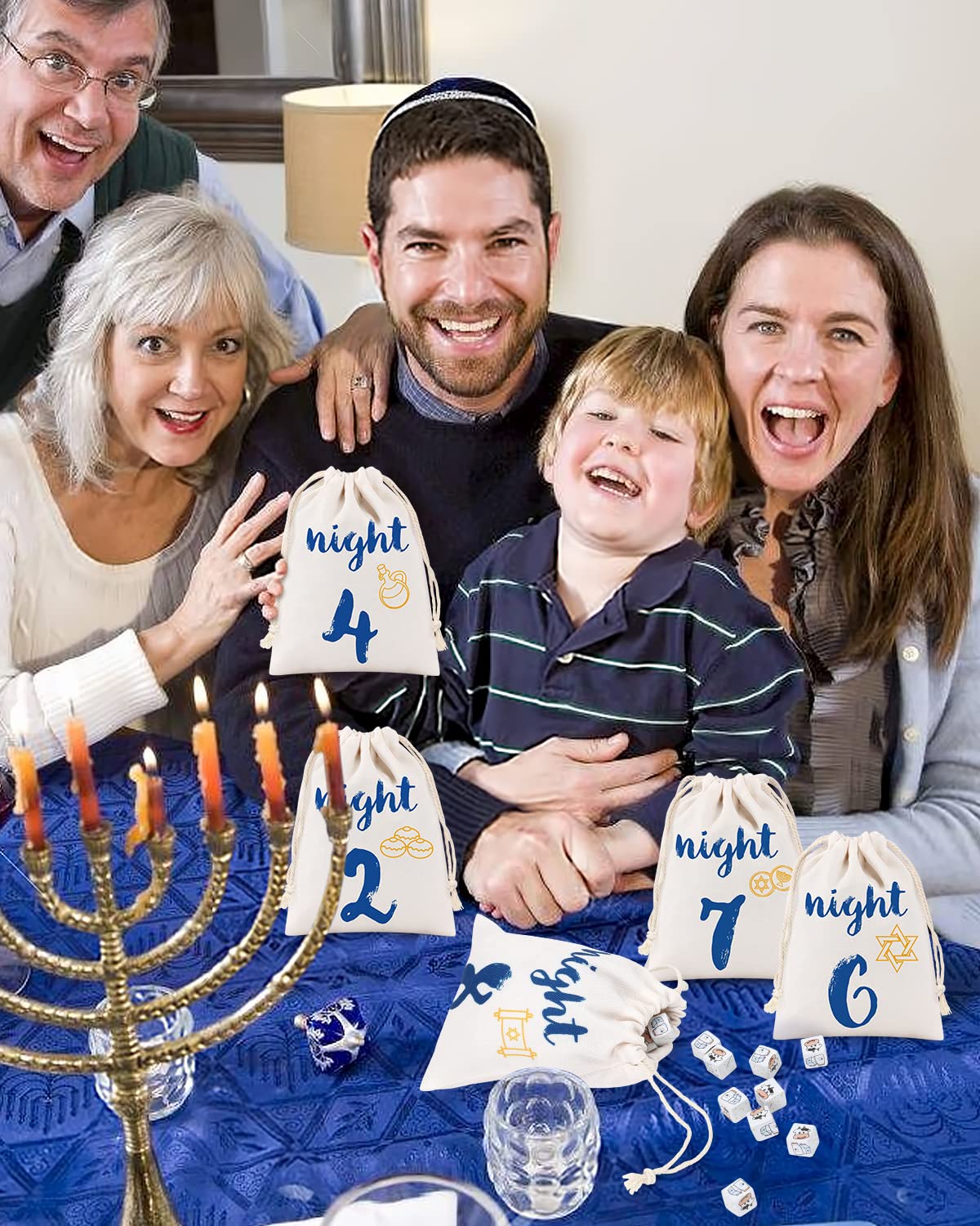 8 Pack Hanukkah Gift Bags - Chanukah Countdown Calendar with Drawstring Burlap Bags for Festival of Lights, Linen Treat Goodie Bags - Perfect for Hanukkah Party Favors, Holiday Celebrations & Jewish Tradition Gifts