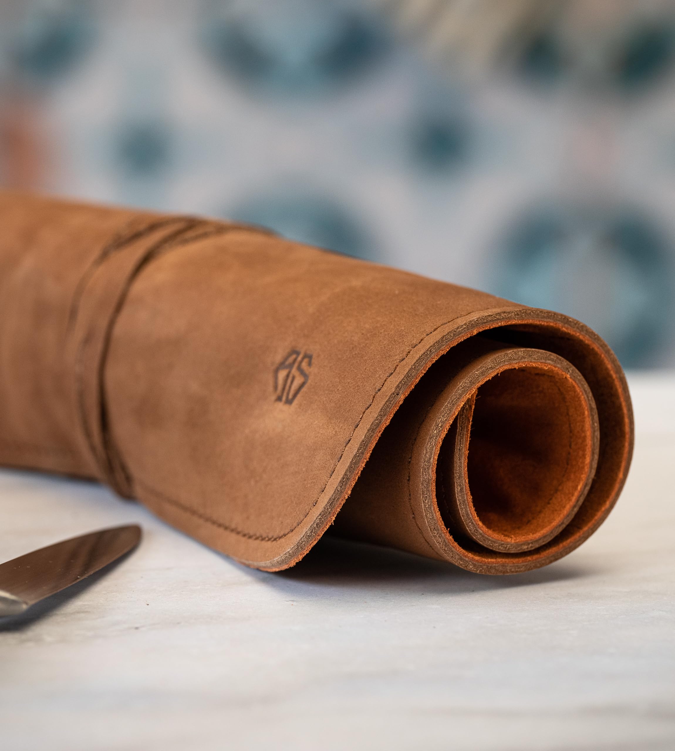 Premium Angus Stoke Genuine Leather Knife Roll Bag - 7 Slot Chef Knife Case Holds Up to 11