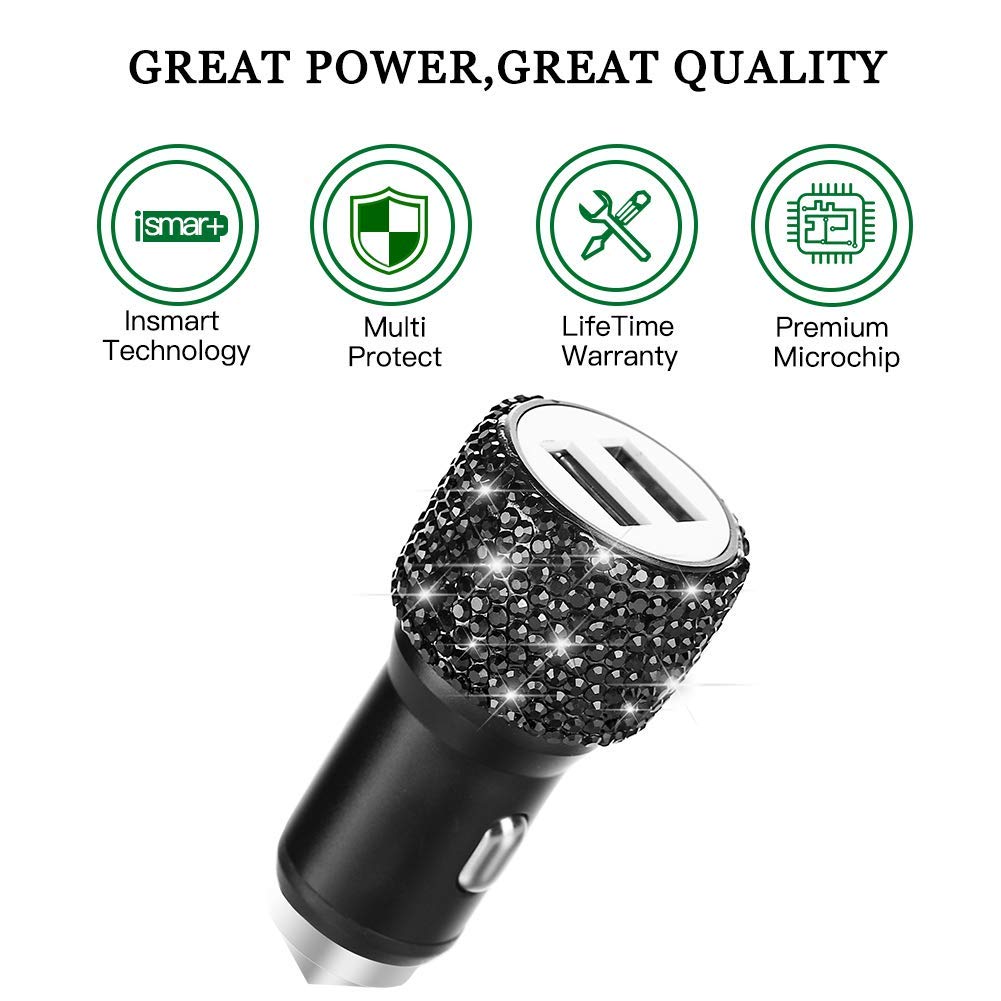 Dual USB Car Charger Fast Charging - SAVORI Bling Rhinestone Crystal Car Adapter for iPhone Xs Max/X/Plus, iPad Pro/Mini, Samsung Galaxy - Perfect for Road Trips & Daily Commute