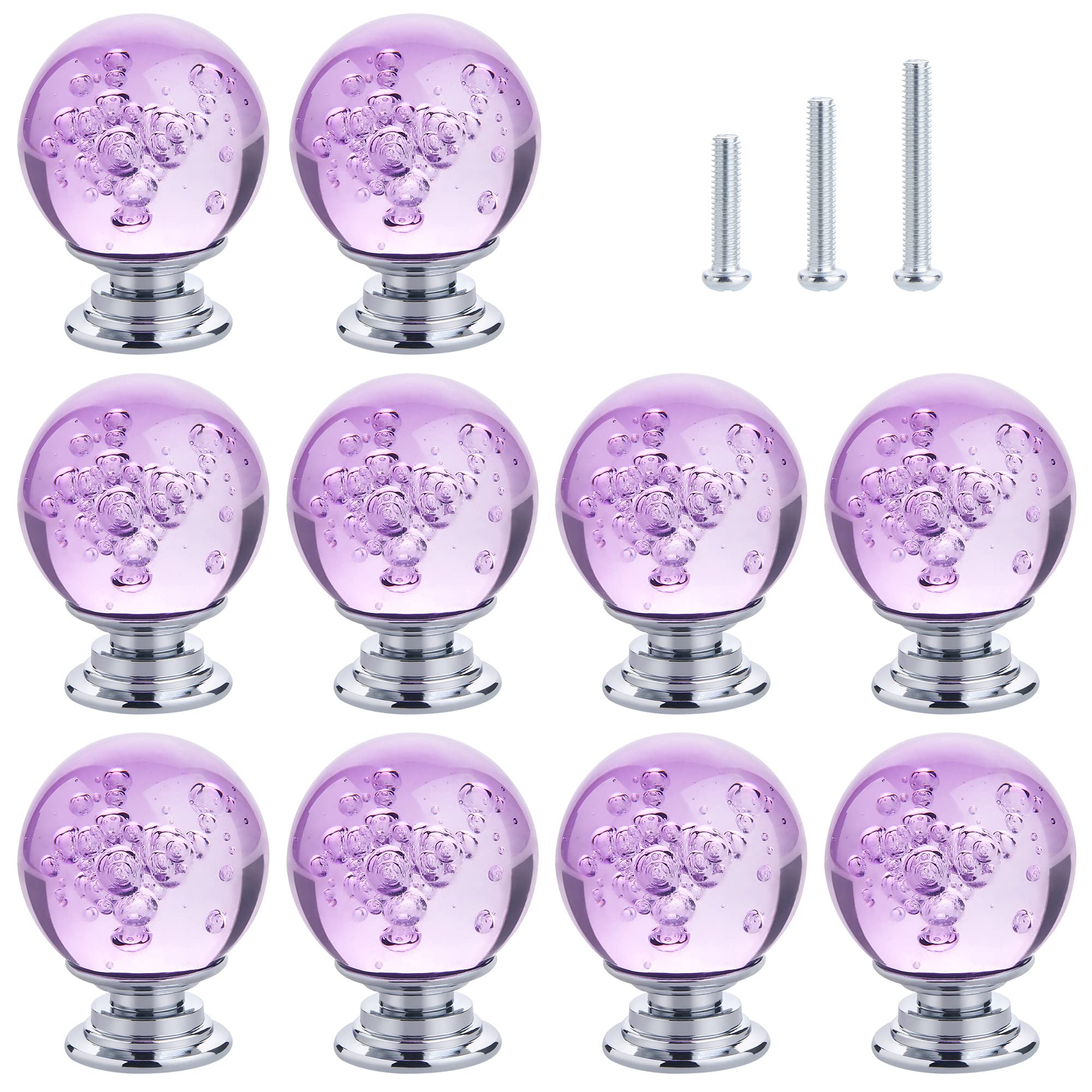 10-Pack Crystal Cabinet Knobs - Round Glass Bubbles Dresser Drawer Handles - Smooth Pulls for Home Furniture (30mm, Purple) - Includes 3 Size Screws - Perfect for Cabinets, Dressers, Nightstands & DIY Furniture Upgrades