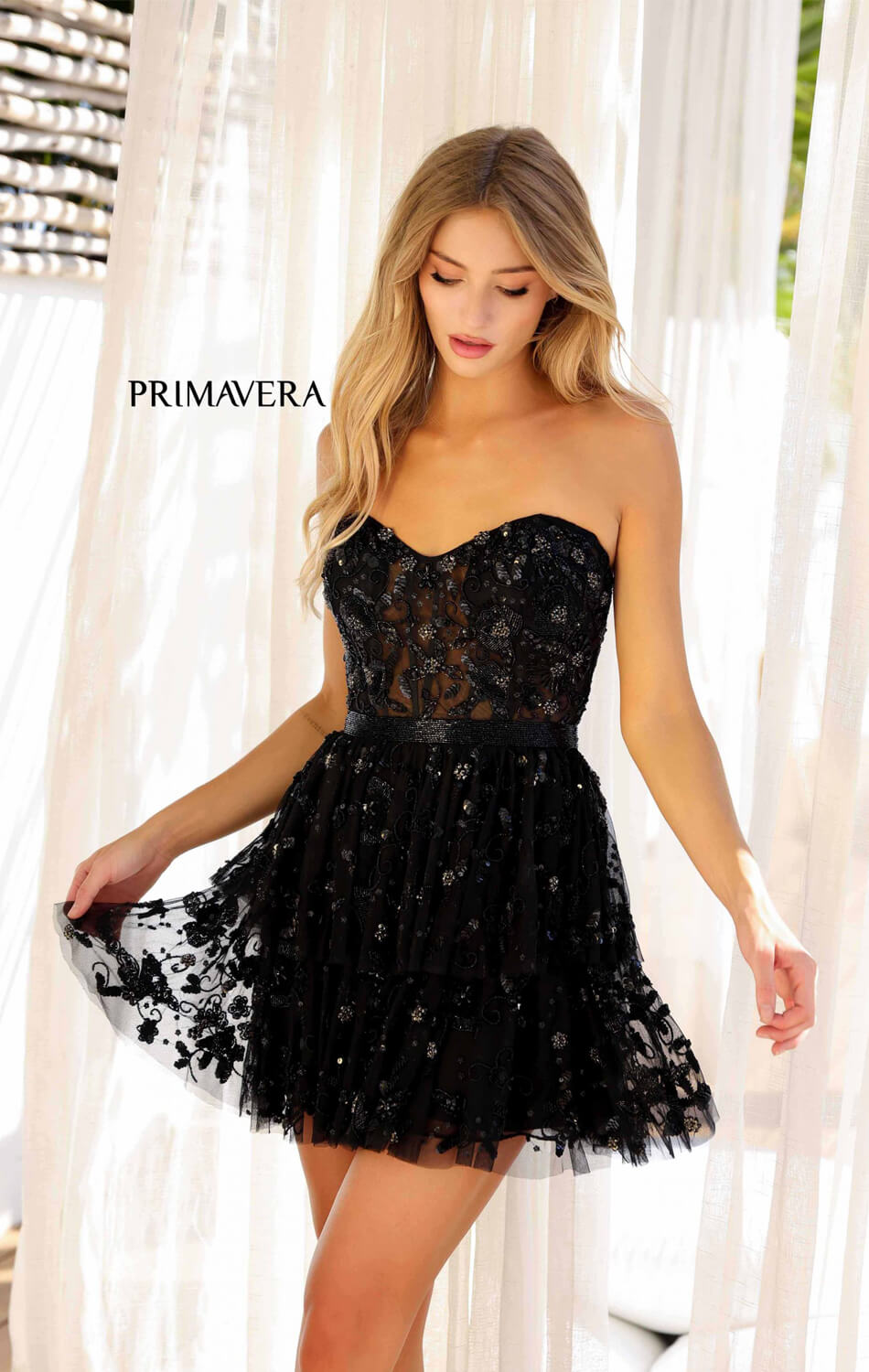 Primavera Women's Beaded Ruffle Skirt Short Dress - Elegant Party Wear for Cocktail Events & Summer Vacations