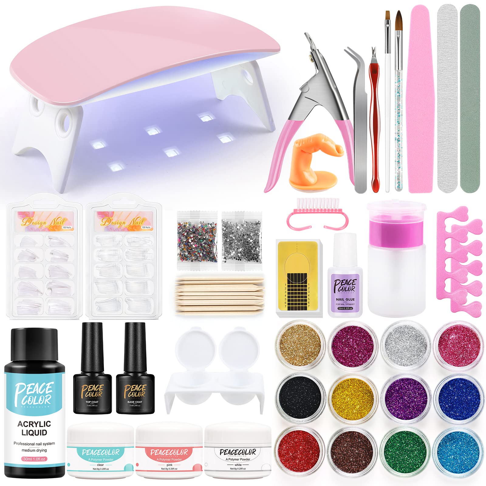 PEACECOLOR Professional Acrylic Nail Kit with LED Nail Lamp - Includes White, Pink & Clear Acrylic Powder (30ml), Acrylic Liquid, Nail Extension Supplies, Base/Top Coat & Acrylic Nail Brush | Perfect for Salon, Home Manicures & DIY Nail Art