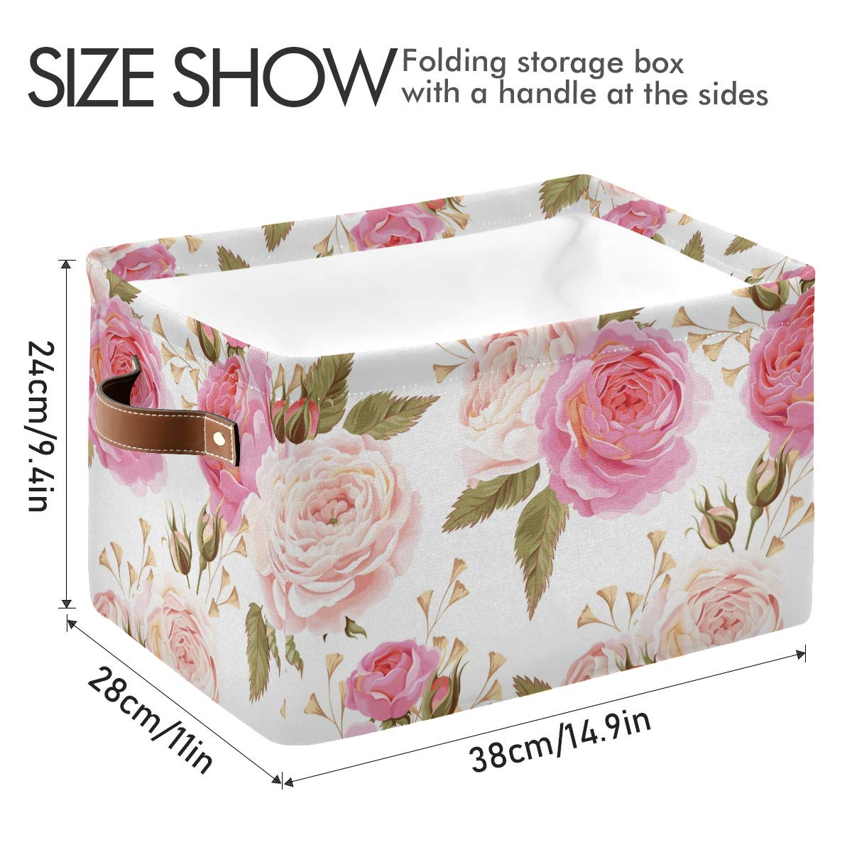 AGONA Large Foldable Storage Bin - Spring Pink Rose Floral Fabric Basket with Leather Handles | Collapsible Decorative Organizer for Closet, Bedroom, Nursery | Home Storage Solution for Toys, Blankets & Seasonal Items (1 Pack)