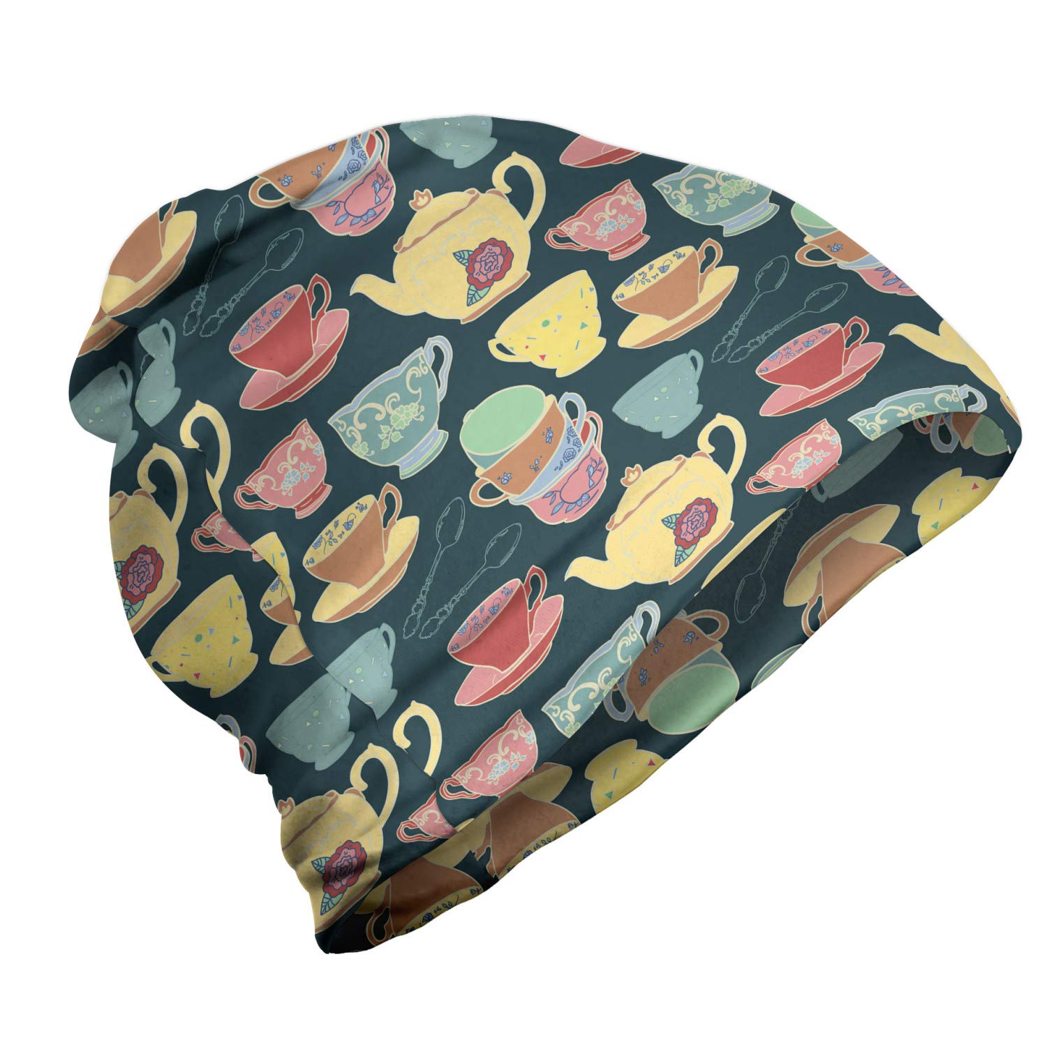 Ambesonne Unisex Beanie - Vintage Teapot & Cup Design, Warm Winter Hat for Men & Women - Perfect for Hiking, Outdoor Activities & Cold Weather Fashion