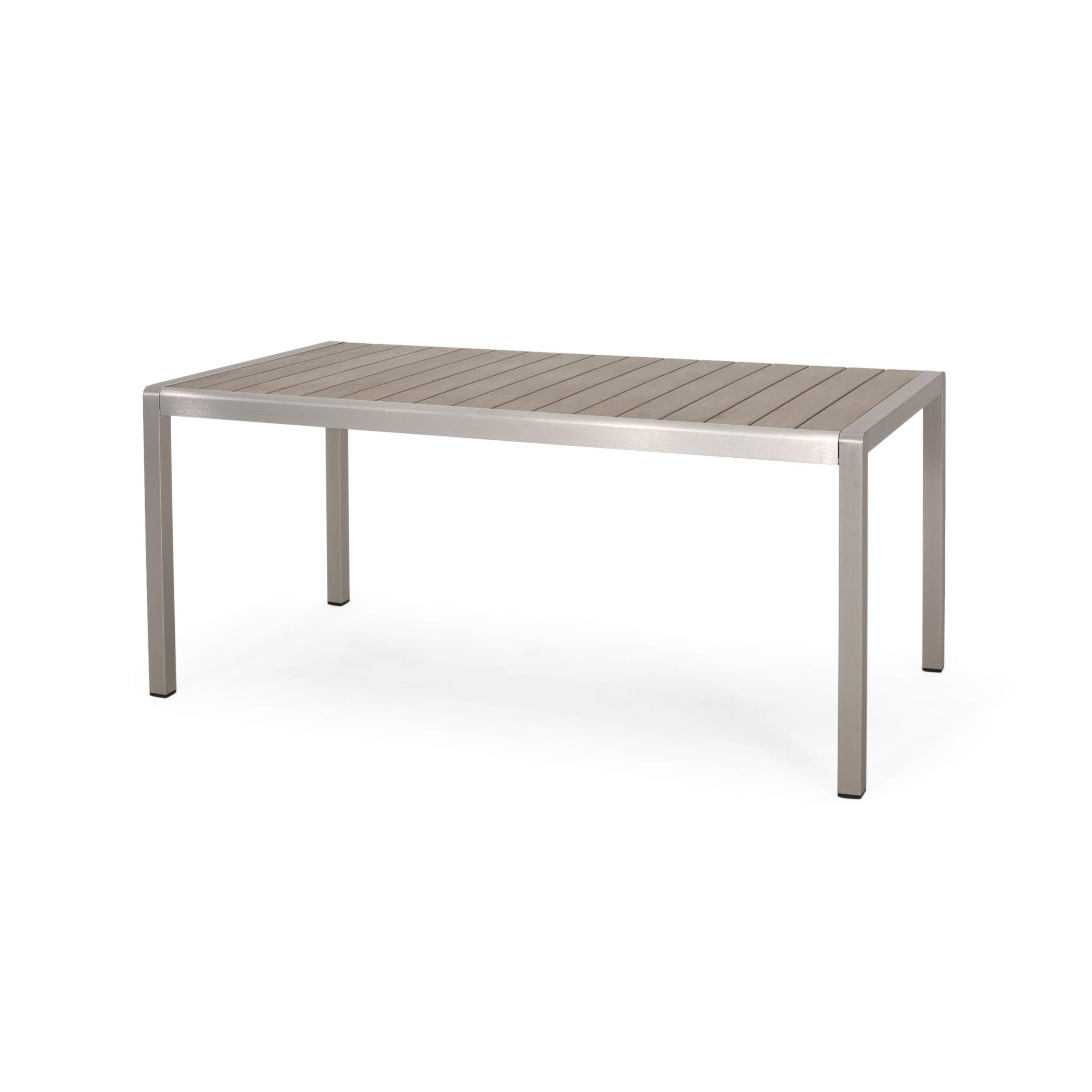 Modern Outdoor Aluminum Dining Table with Faux Wood Table Top - Natural & Silver Finish - Weather-Resistant Patio Furniture for Backyard, Garden, Poolside Dining