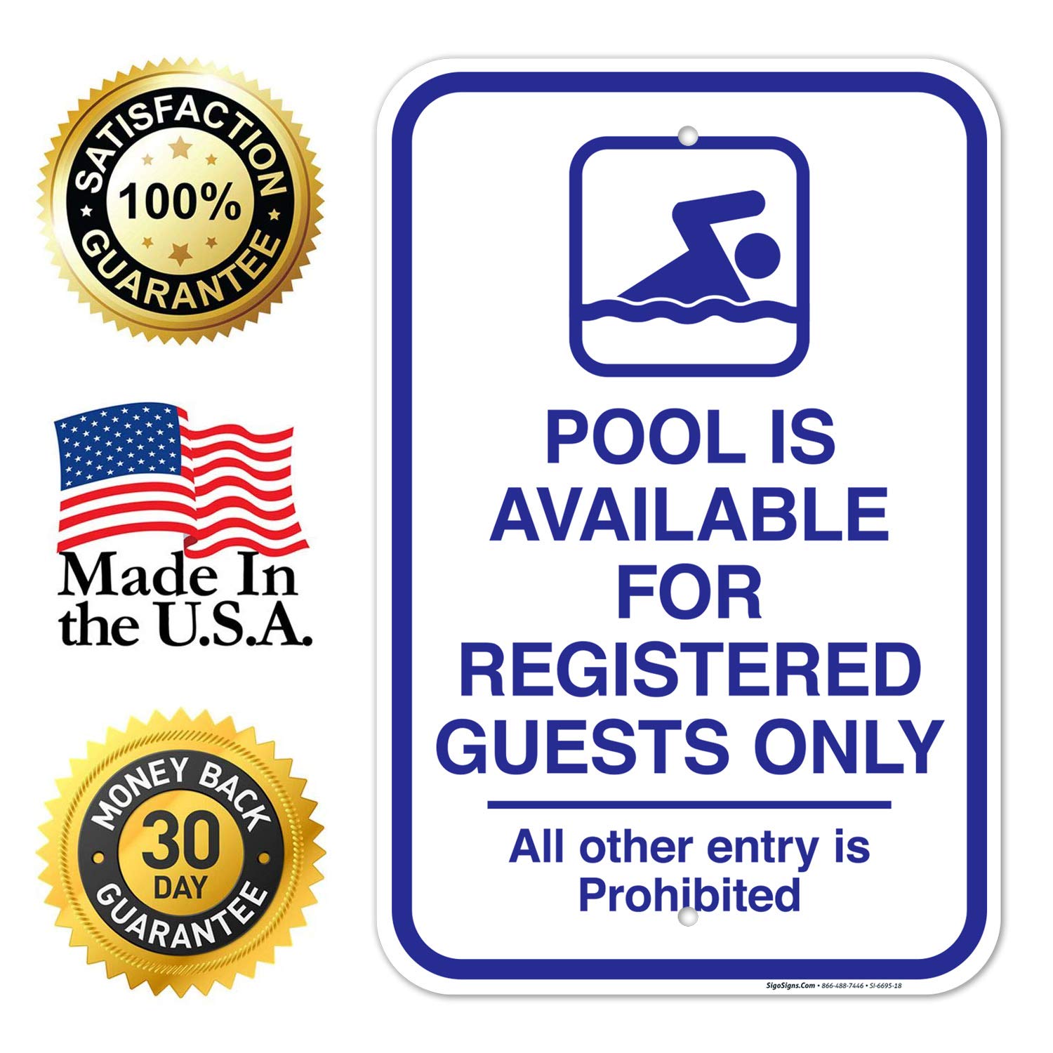 Pool Sign - Sigo Signs 12x18 Inches, 55 mil Thick HDPS (High Density Polystyrene), Made in USA - Perfect for Hotels, Resorts, and Private Pools