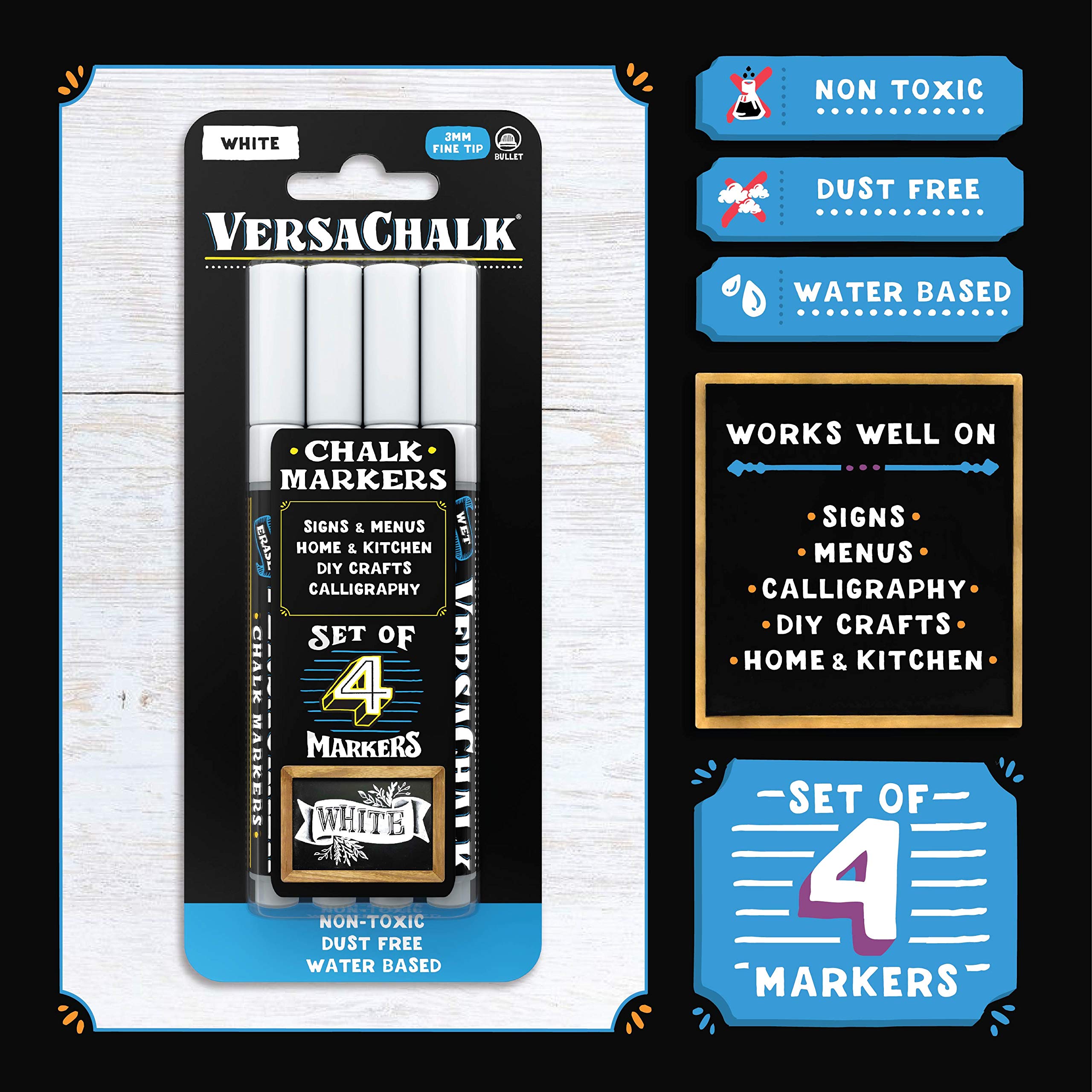 VersaChalk White Chalkboard Markers - 3mm Fine Tip Wet Erase Dustless Chalk Markers for Blackboard, Whiteboard, Glass & Signs (4-Pack) - Perfect for Restaurants, Classrooms & Home Decor